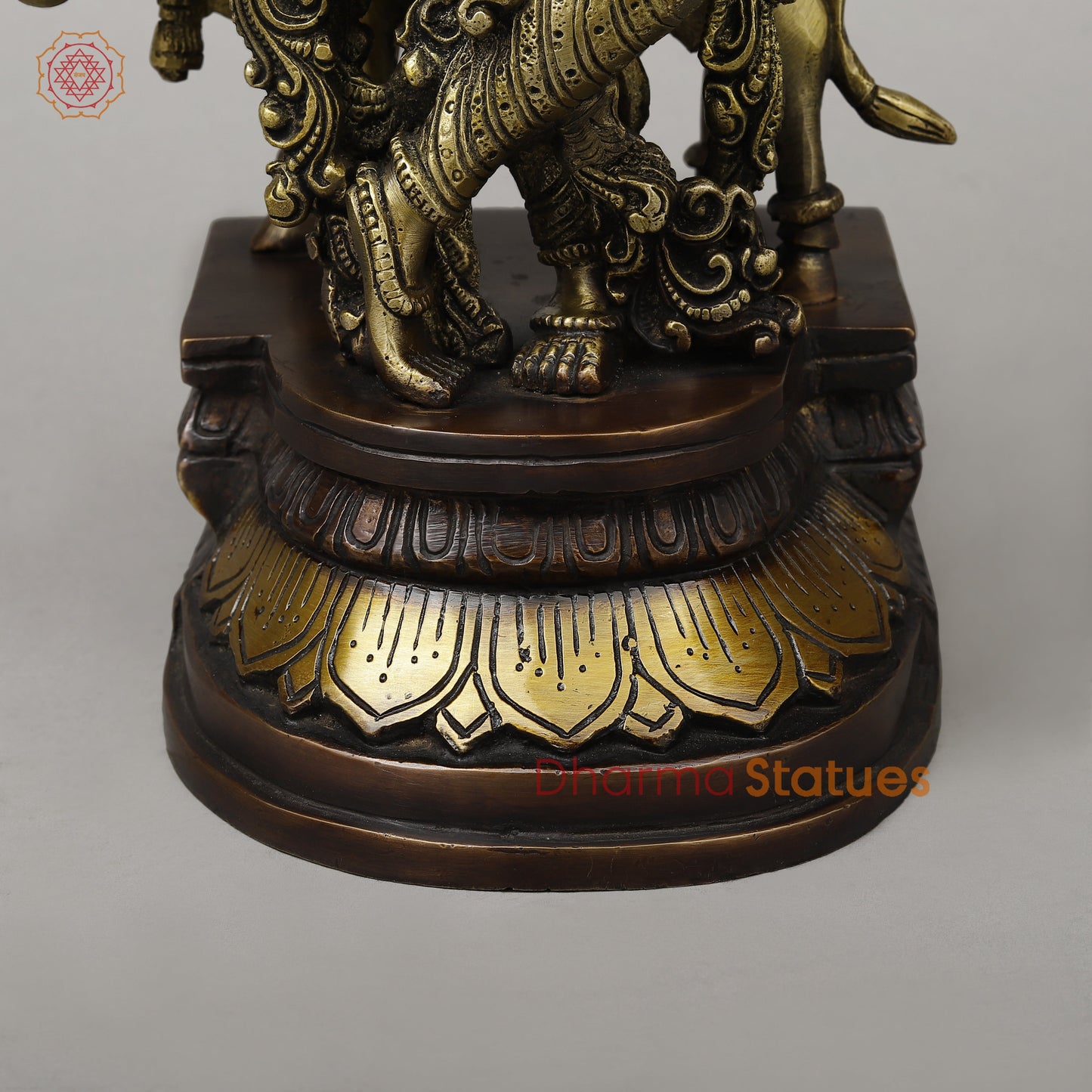 Brass Krishna Playing Flute with Cow, Copper & Golden Finish, 14.5"