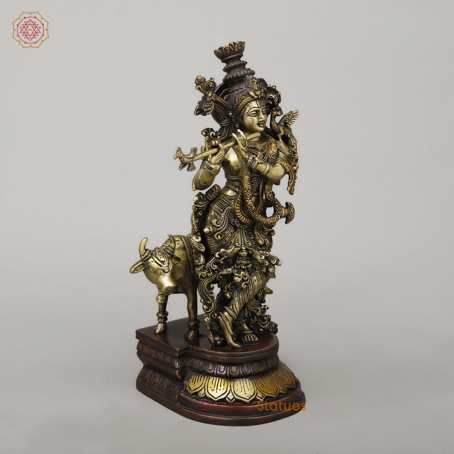 Brass Krishna Playing Flute with Cow, Copper & Golden Finish, 14.5"