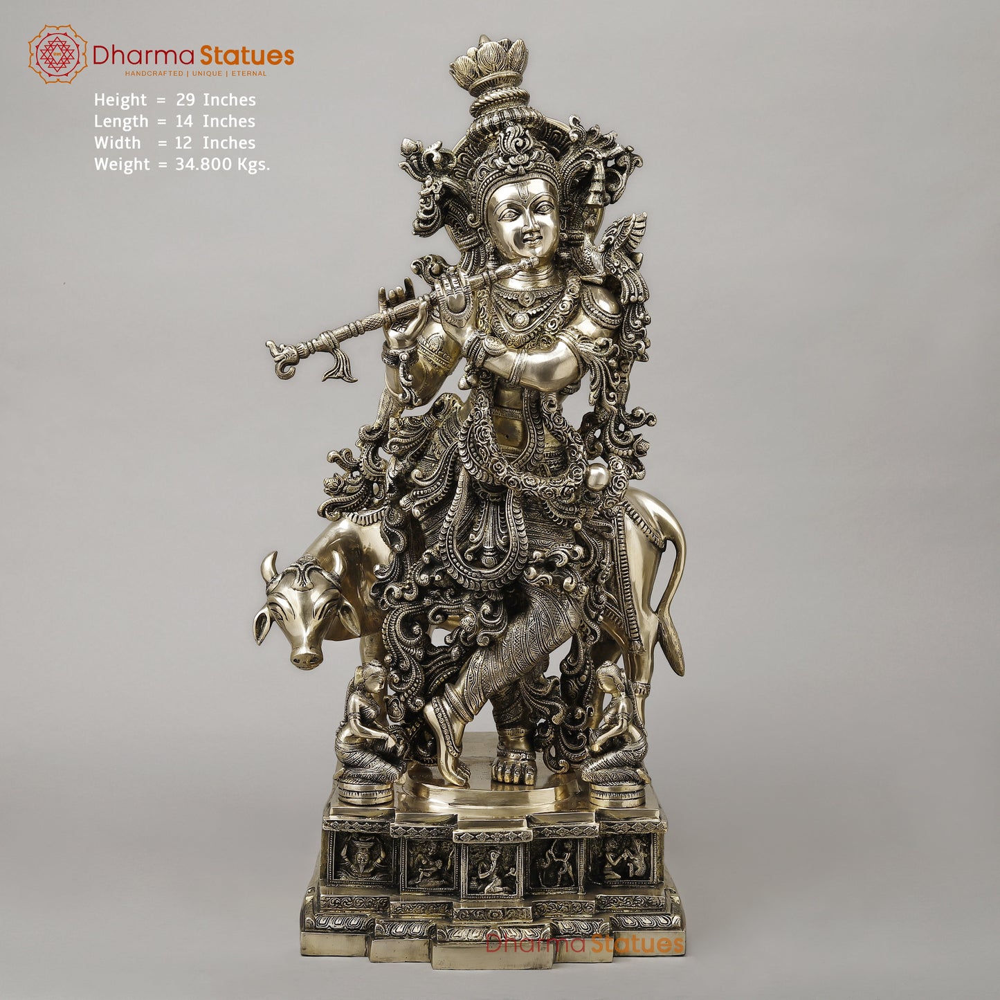 Brass Krishna Playing Flute with Cow, Smooth Finish, 29"