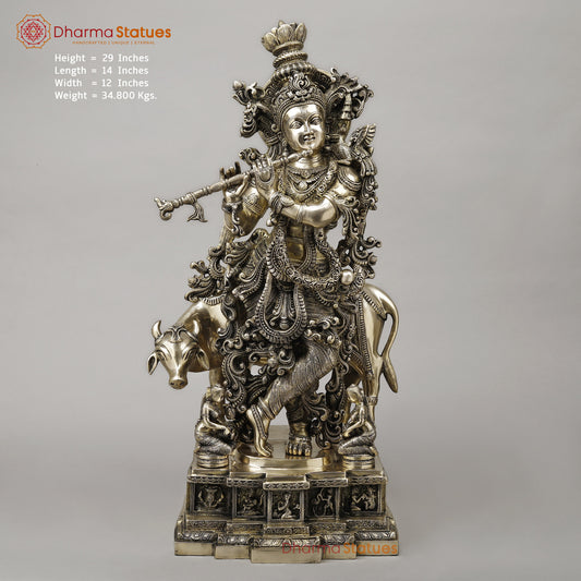 Brass Krishna Playing Flute with Cow, Smooth Finish, 29"