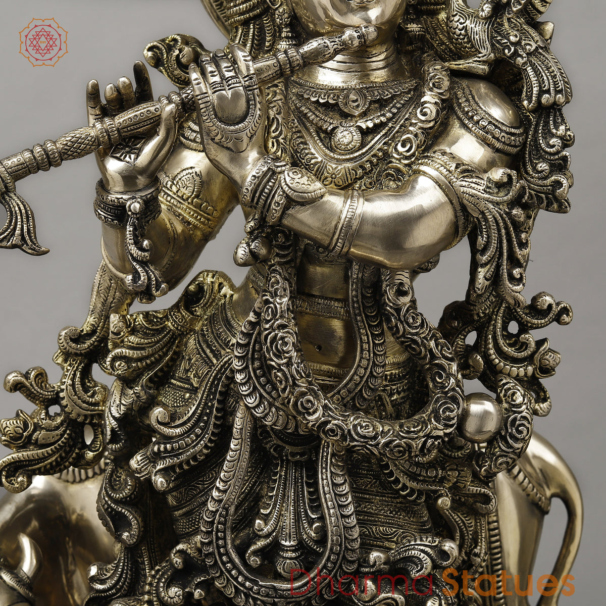 Brass Krishna Playing Flute with Cow, Smooth Finish, 29"