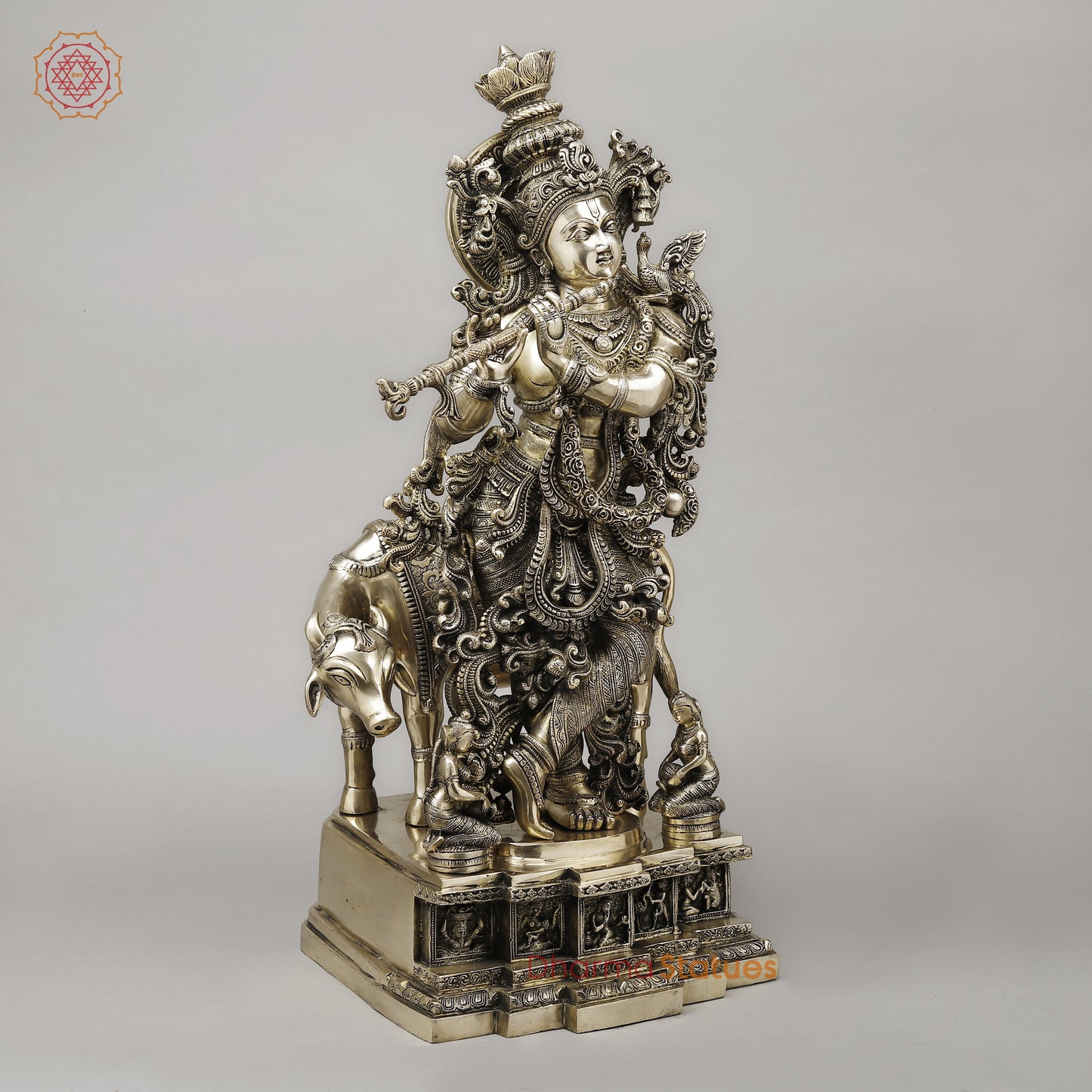 Brass Krishna Playing Flute with Cow, Smooth Finish, 29"