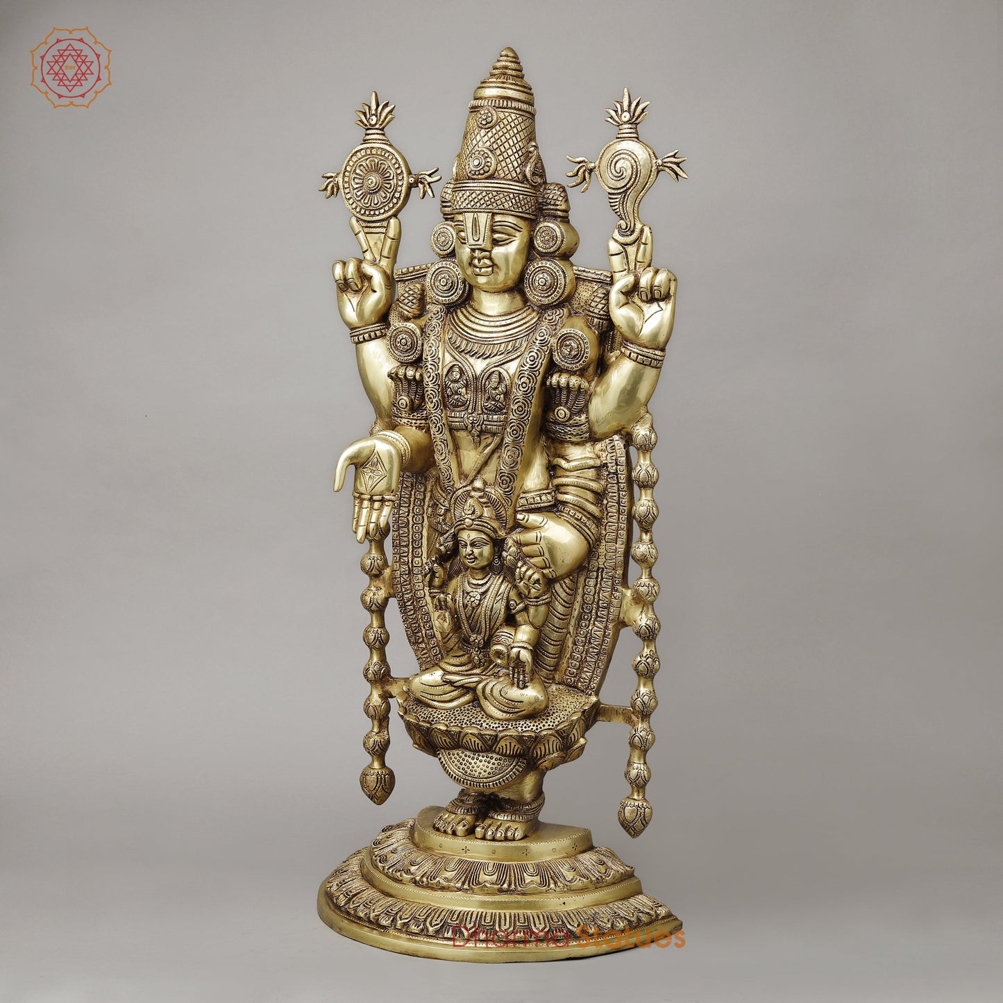 Brass Tirupati Balaji (Venkateshvara Swami) with Lakshmi, Golden Finish, 34.5"