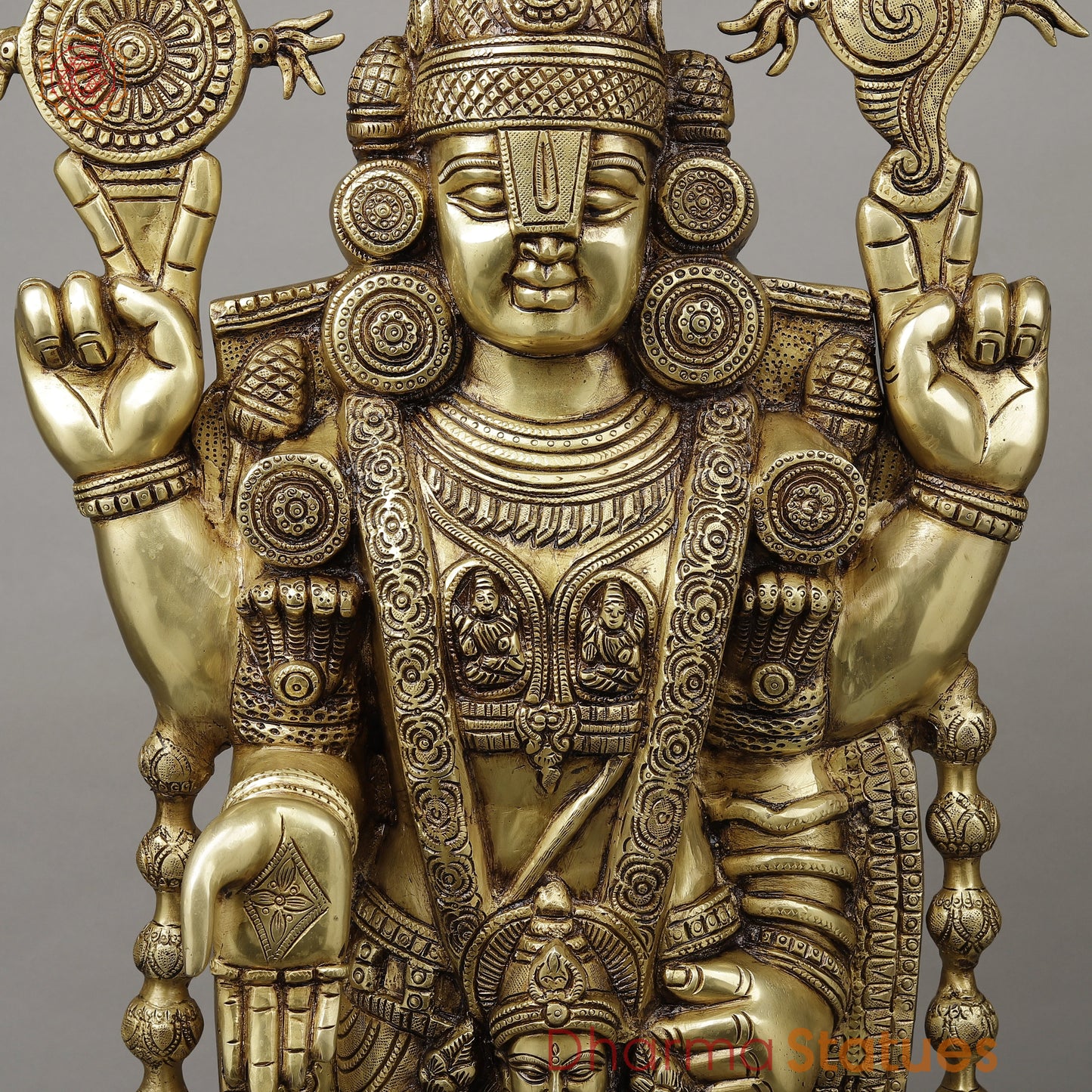 Brass Tirupati Balaji (Venkateshvara Swami) with Lakshmi, Golden Finish, 34.5"