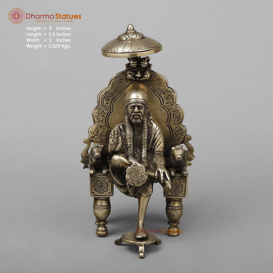 Brass Shirdi Sai Baba Seated on Throne, Golden Finish, 9"