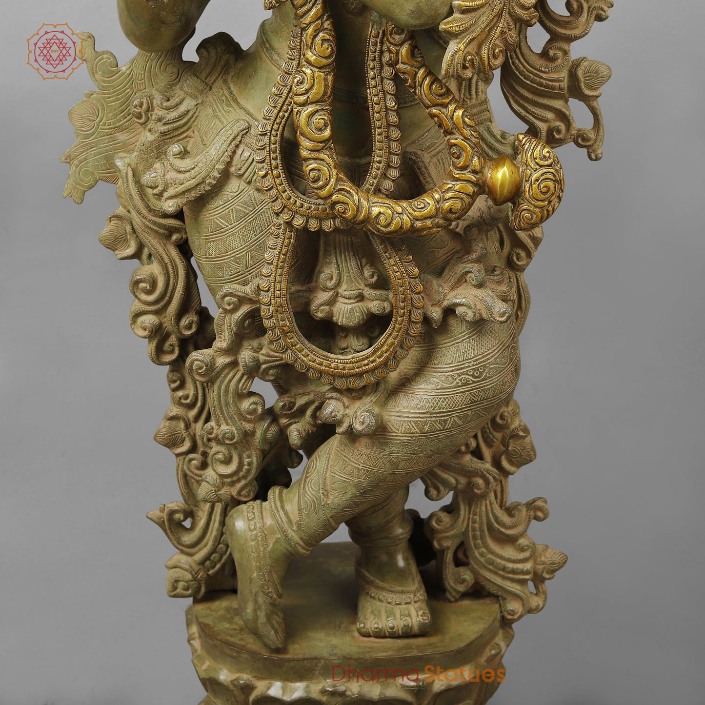 Brass Krishna Playing Flute, Green Patina Finish, 46"