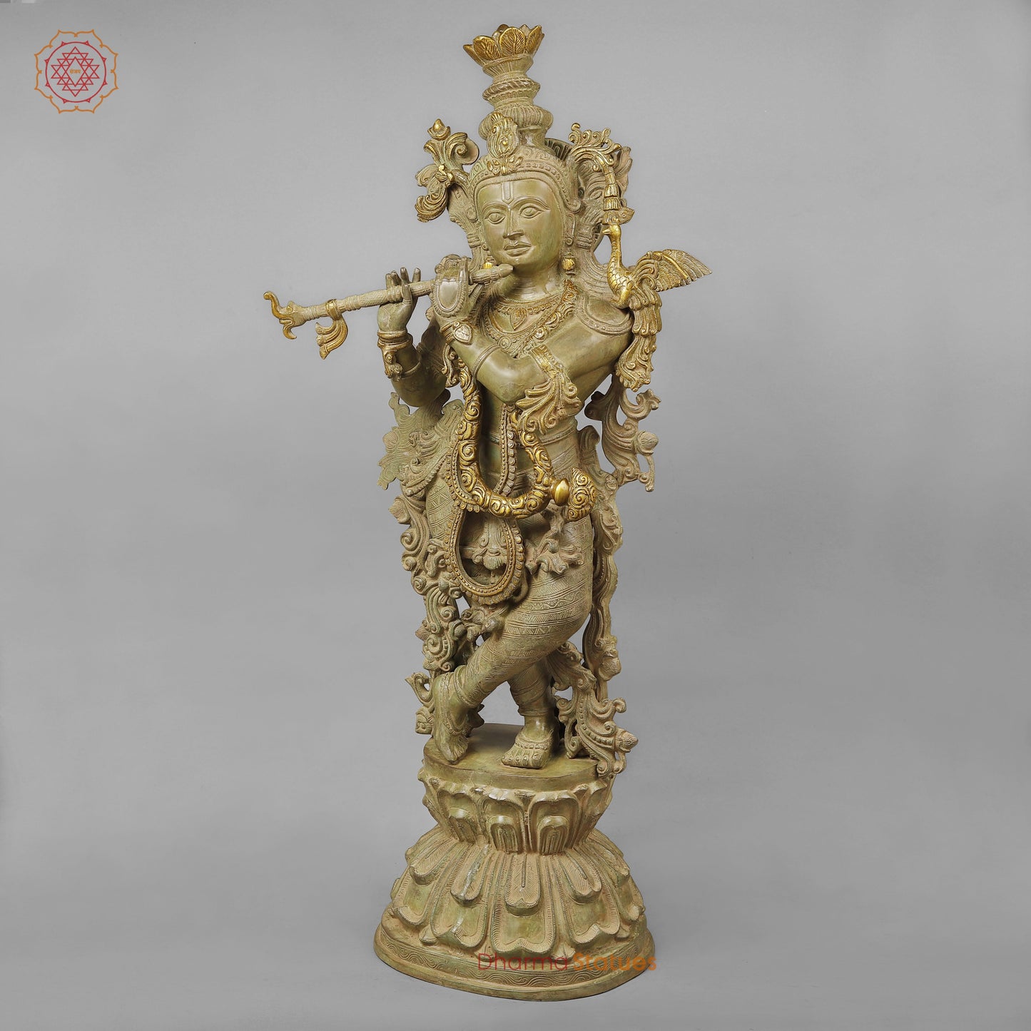 Brass Krishna Playing Flute, Green Patina Finish, 46"