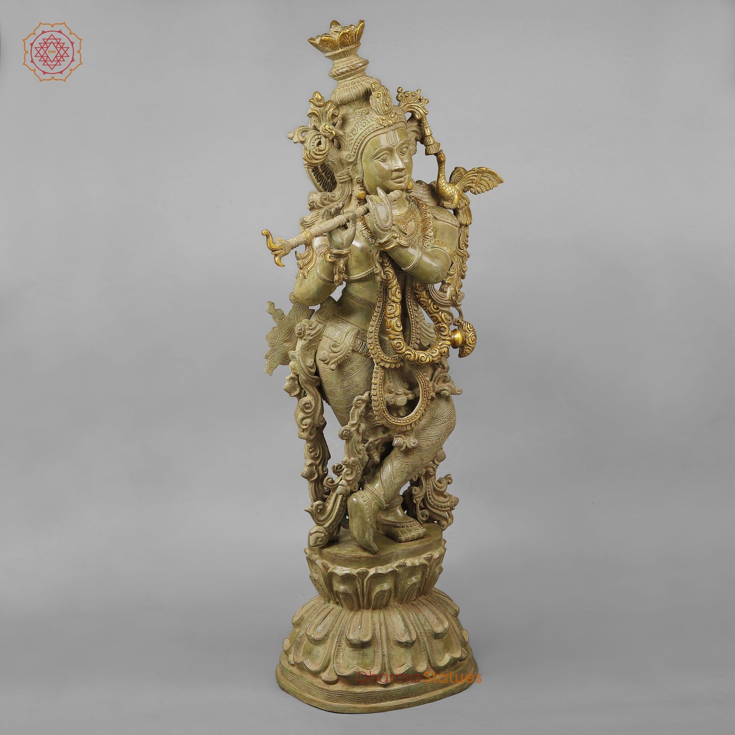 Brass Krishna Playing Flute, Green Patina Finish, 46"