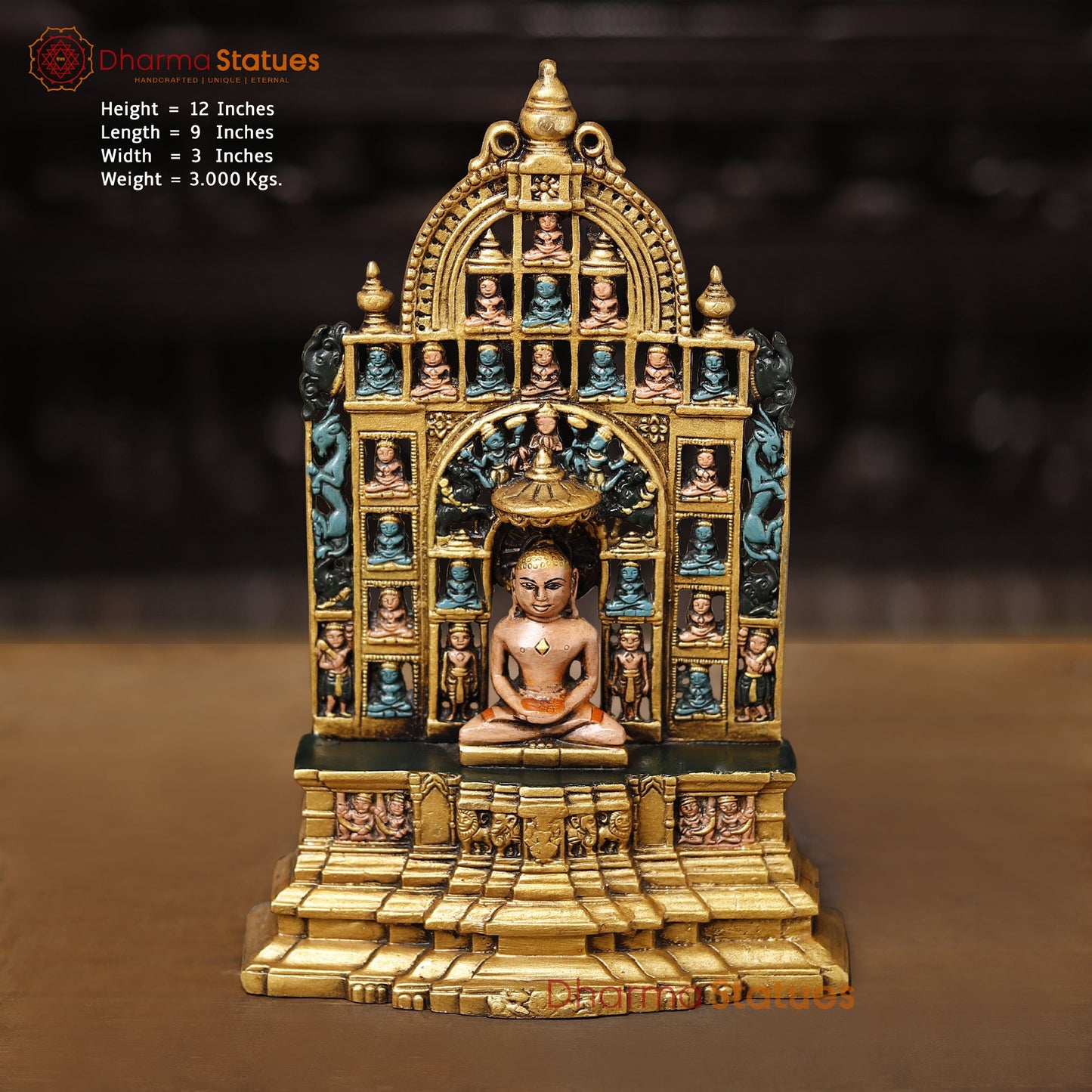 Brass Buddha Statue, Meditating Buddha in a Frame 12" Front View