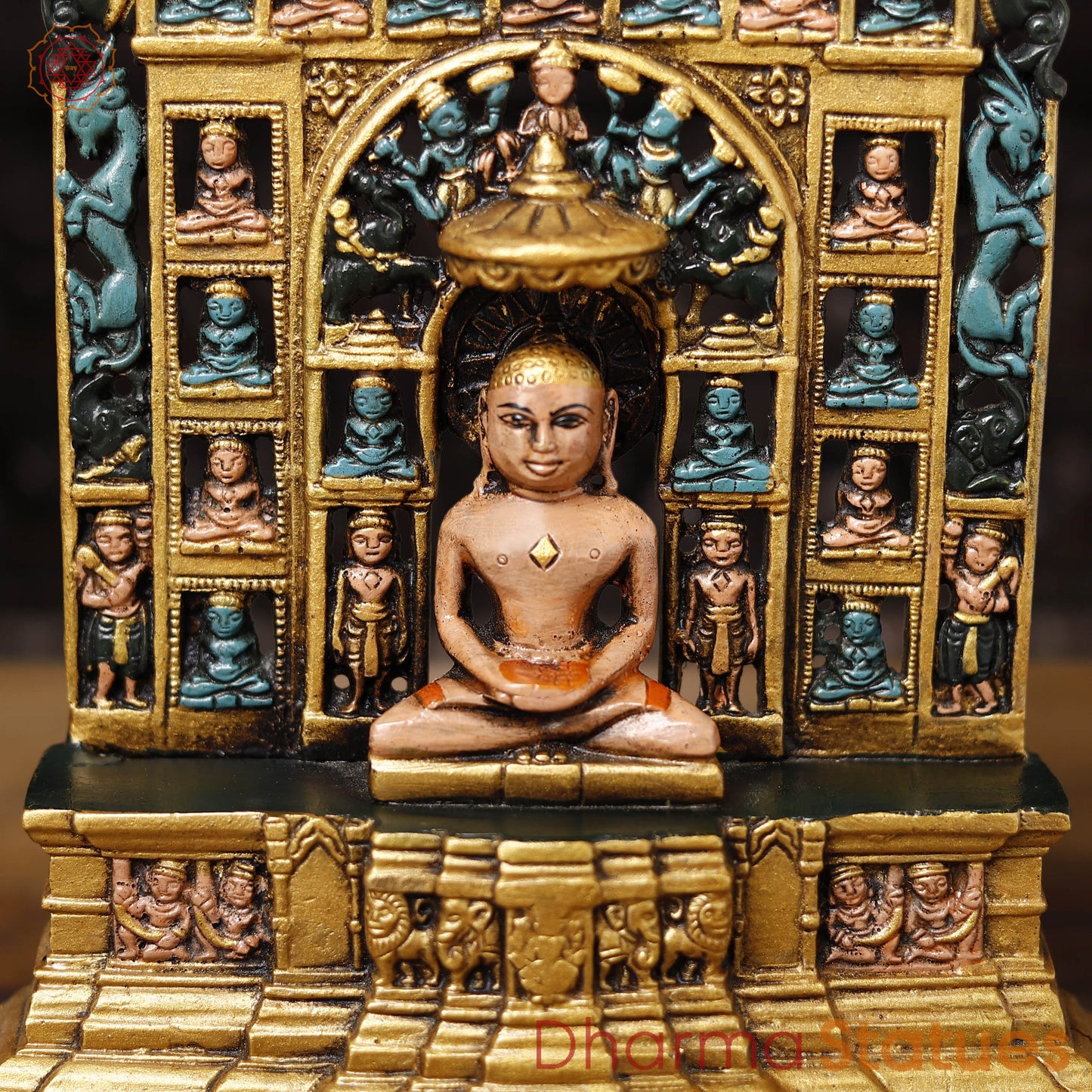 Brass Lord Mahavir, Lord Mahavir Jain Tirthankar Sitting on Throne. 12"