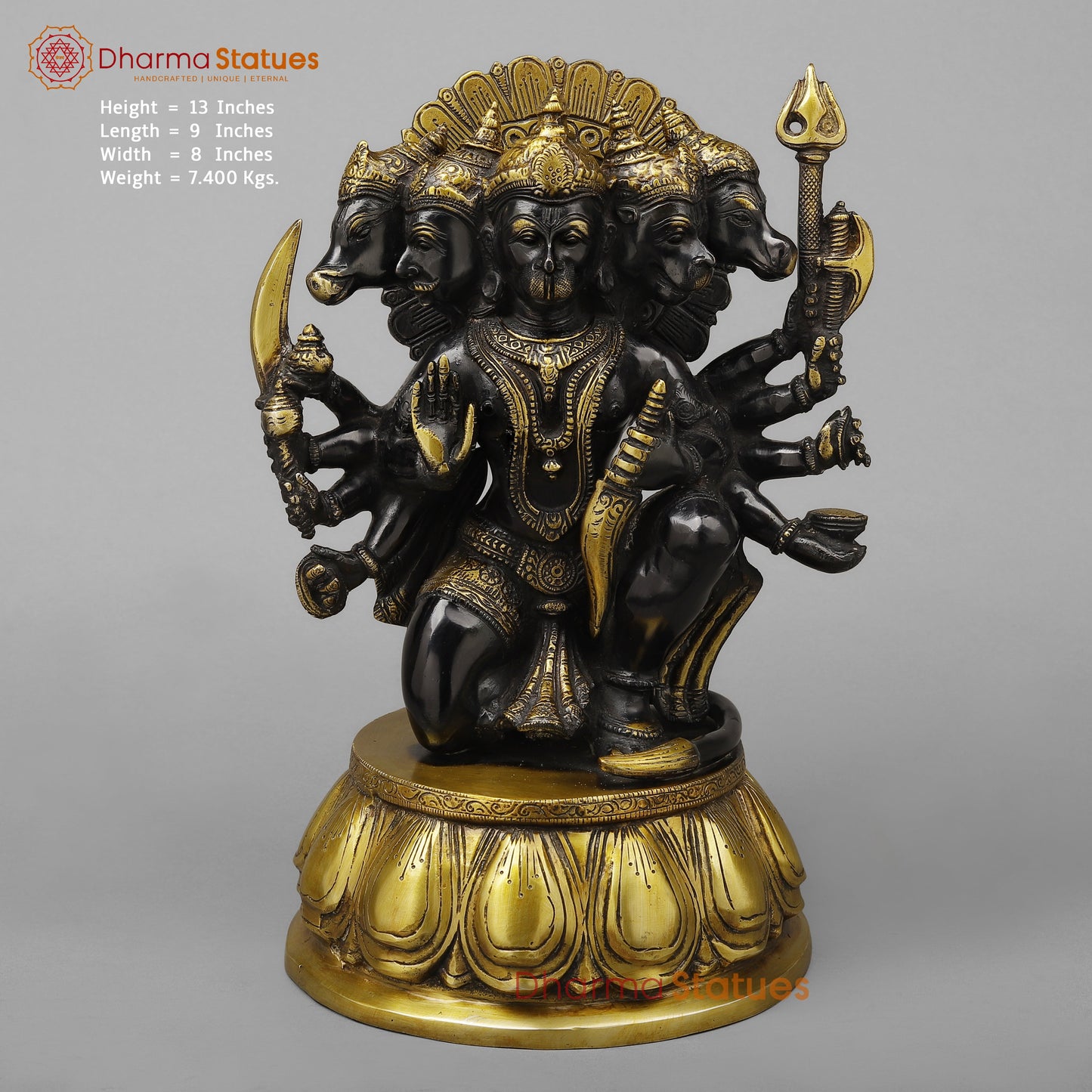 Brass Panchamukhi Hanuman (5 Face Hanuman), Royal Black & Gold Finish, 13"