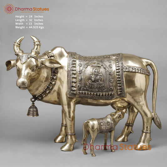 Brass Cow With Calf (Kamdhenu), Smooth Finish, 24"