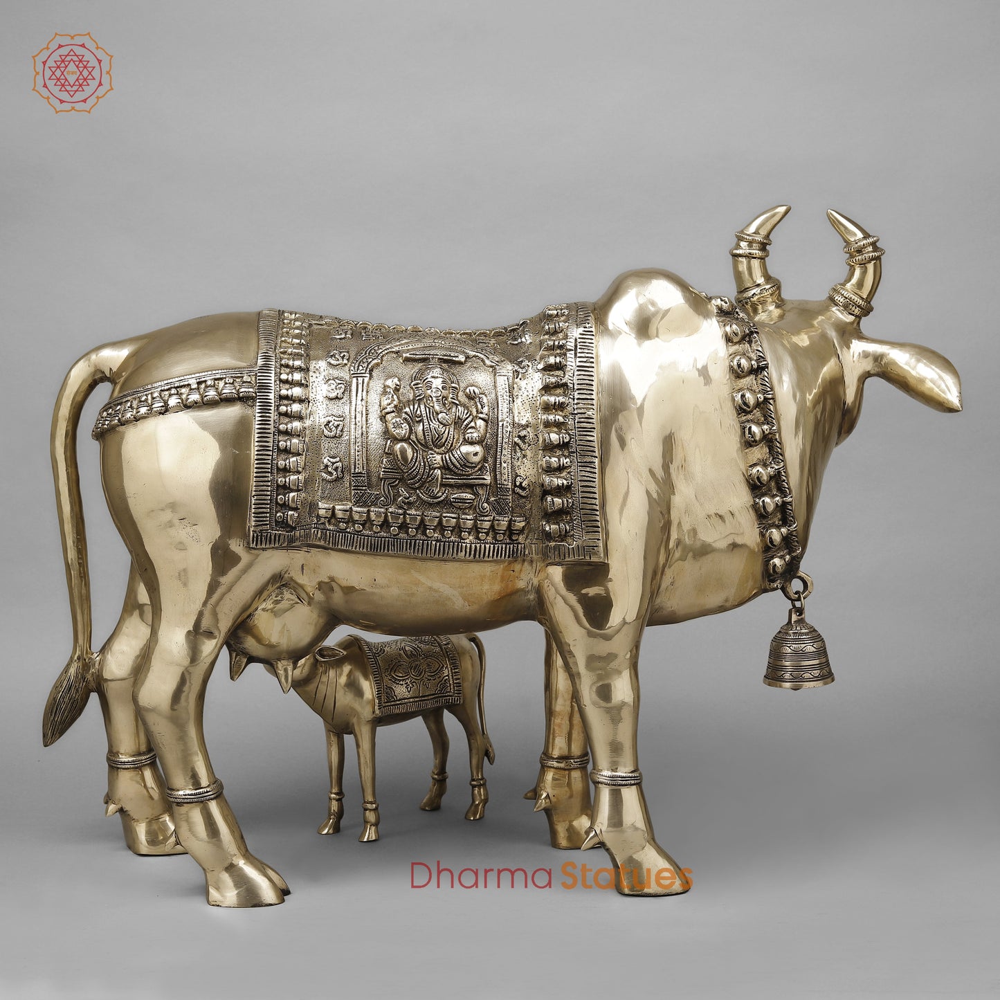 Brass Cow With Calf (Kamdhenu), Smooth Finish, 24"