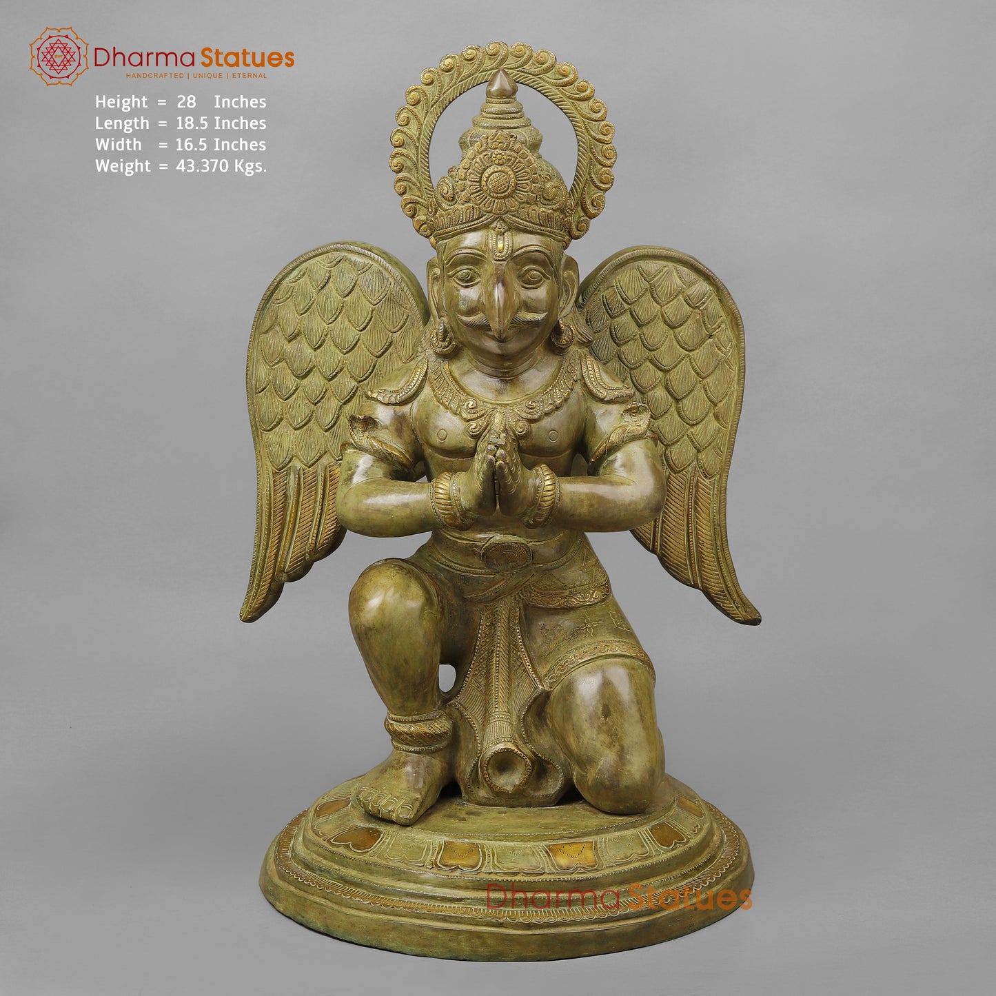 Brass Garuda Seated, Green Patina Finish, 28"