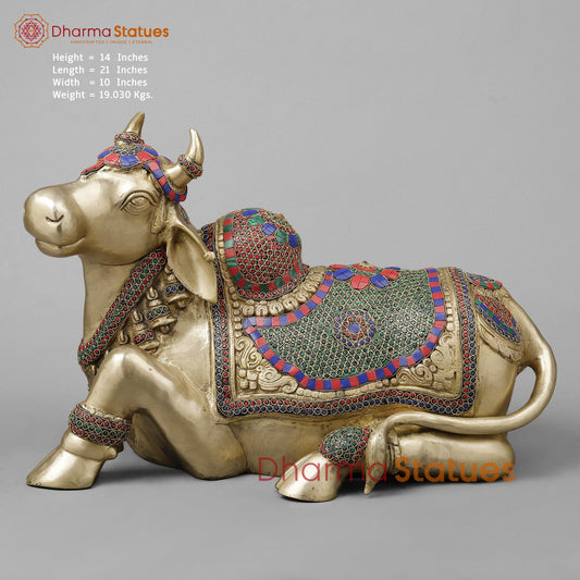 Brass Nandi Seated With Stonework, Golden Finish, 21”