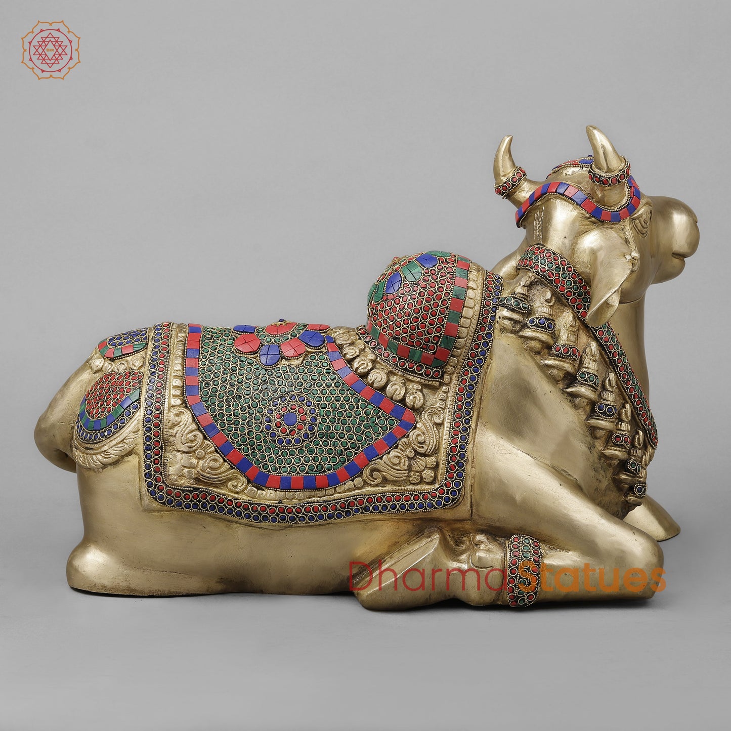 Brass Nandi Seated With Stonework, Golden Finish, 21”