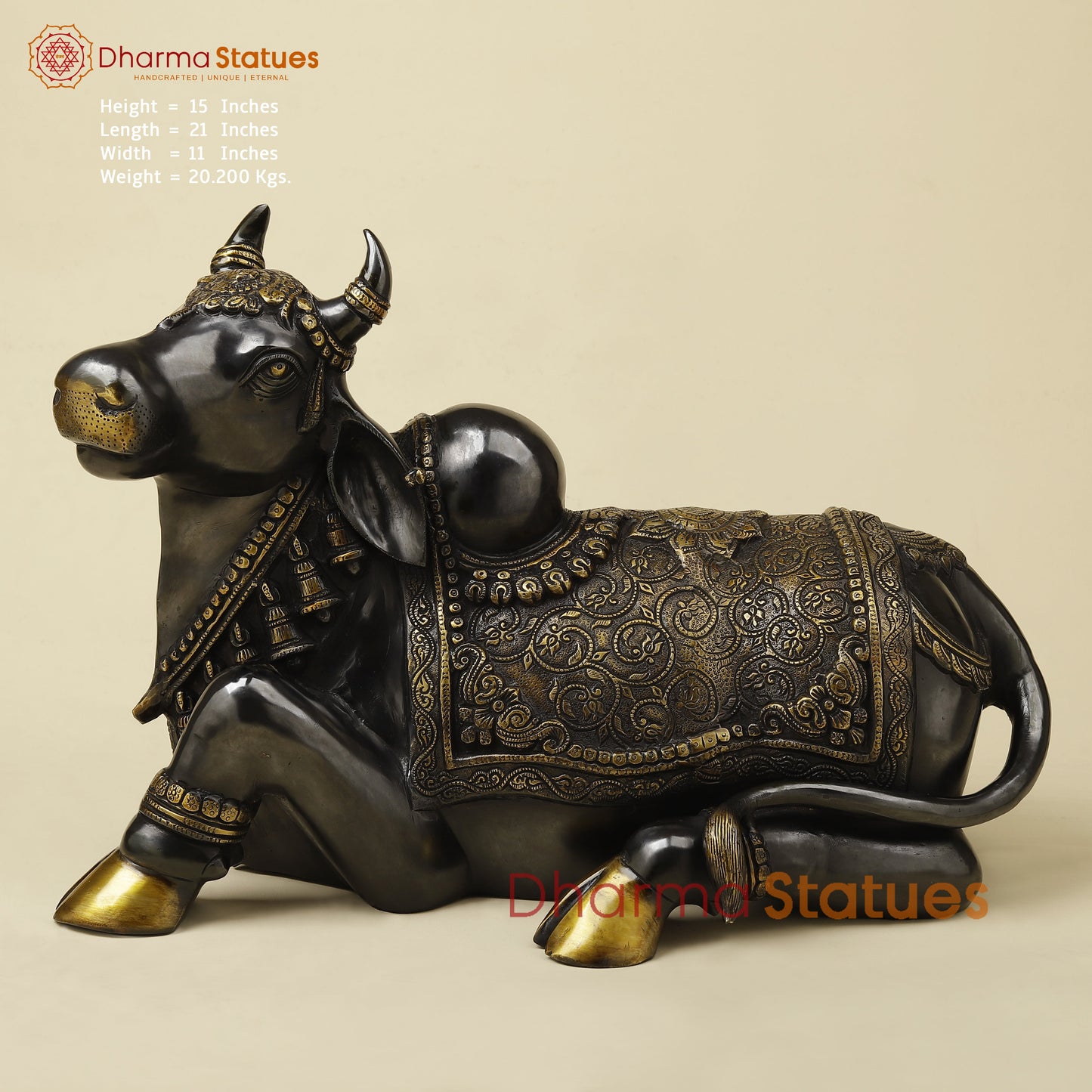 Brass Nandi Seated With Fine Carving, Black & Golden Finish, 21”