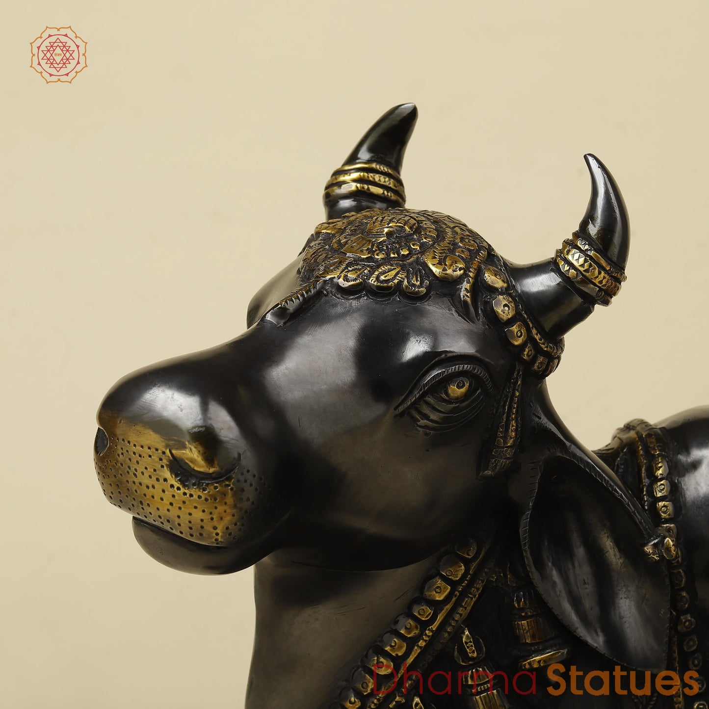 Brass Nandi Seated With Fine Carving, Black & Golden Finish, 21”