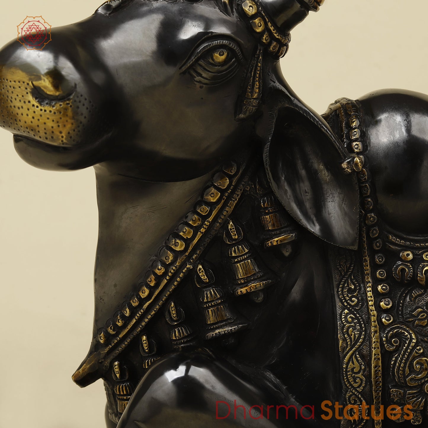 Brass Nandi Seated With Fine Carving, Black & Golden Finish, 21”