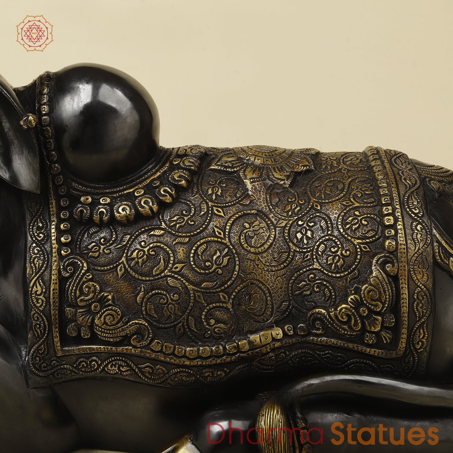 Brass Nandi Seated With Fine Carving, Black & Golden Finish, 21”