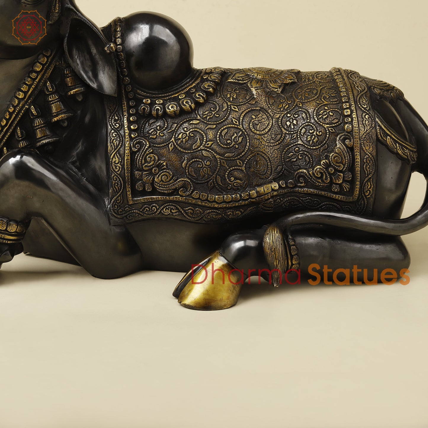 Brass Nandi Seated With Fine Carving, Black & Golden Finish, 21”