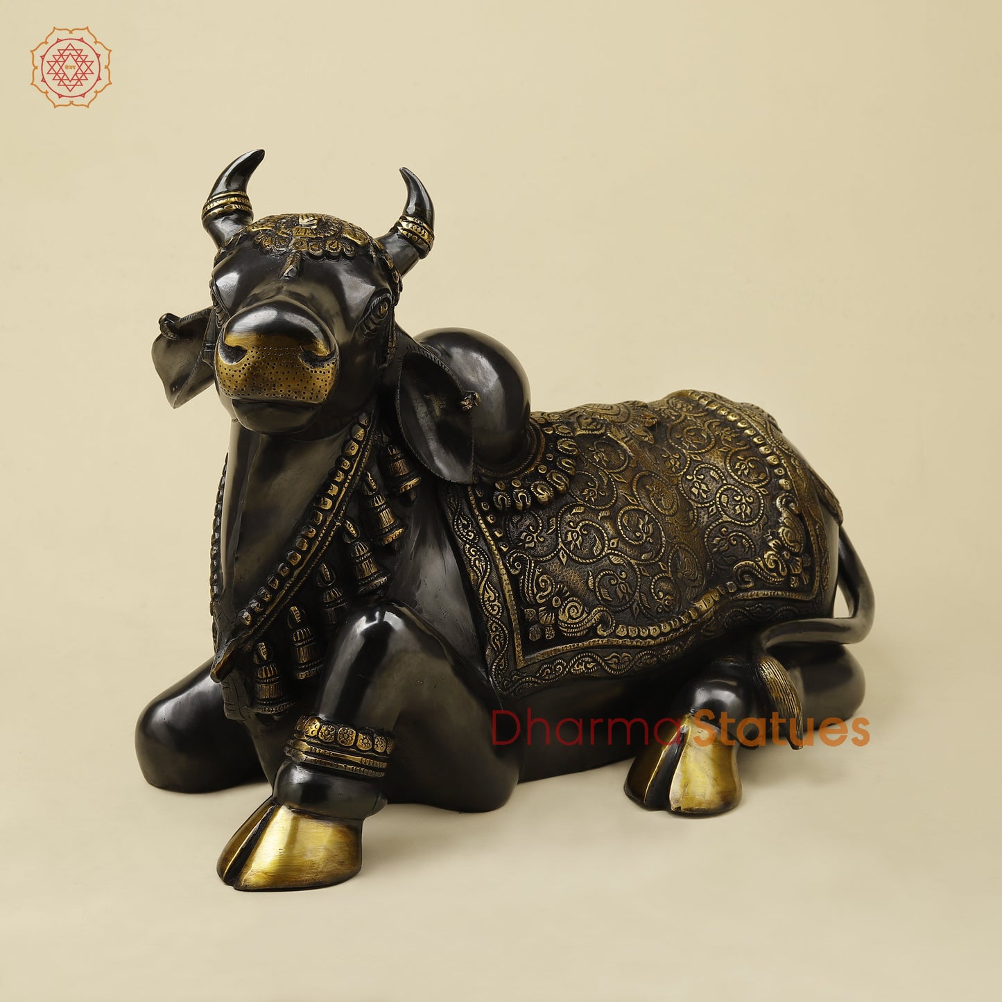 Brass Nandi Seated With Fine Carving, Black & Golden Finish, 21”