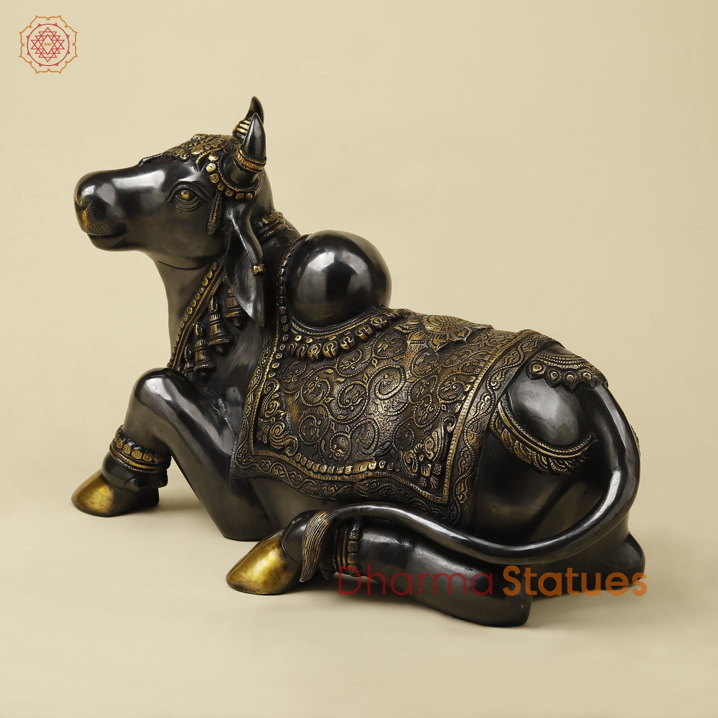 Brass Nandi Seated With Fine Carving, Black & Golden Finish, 21”