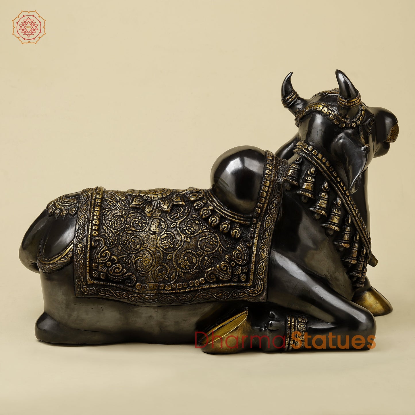 Brass Nandi Seated With Fine Carving, Black & Golden Finish, 21”