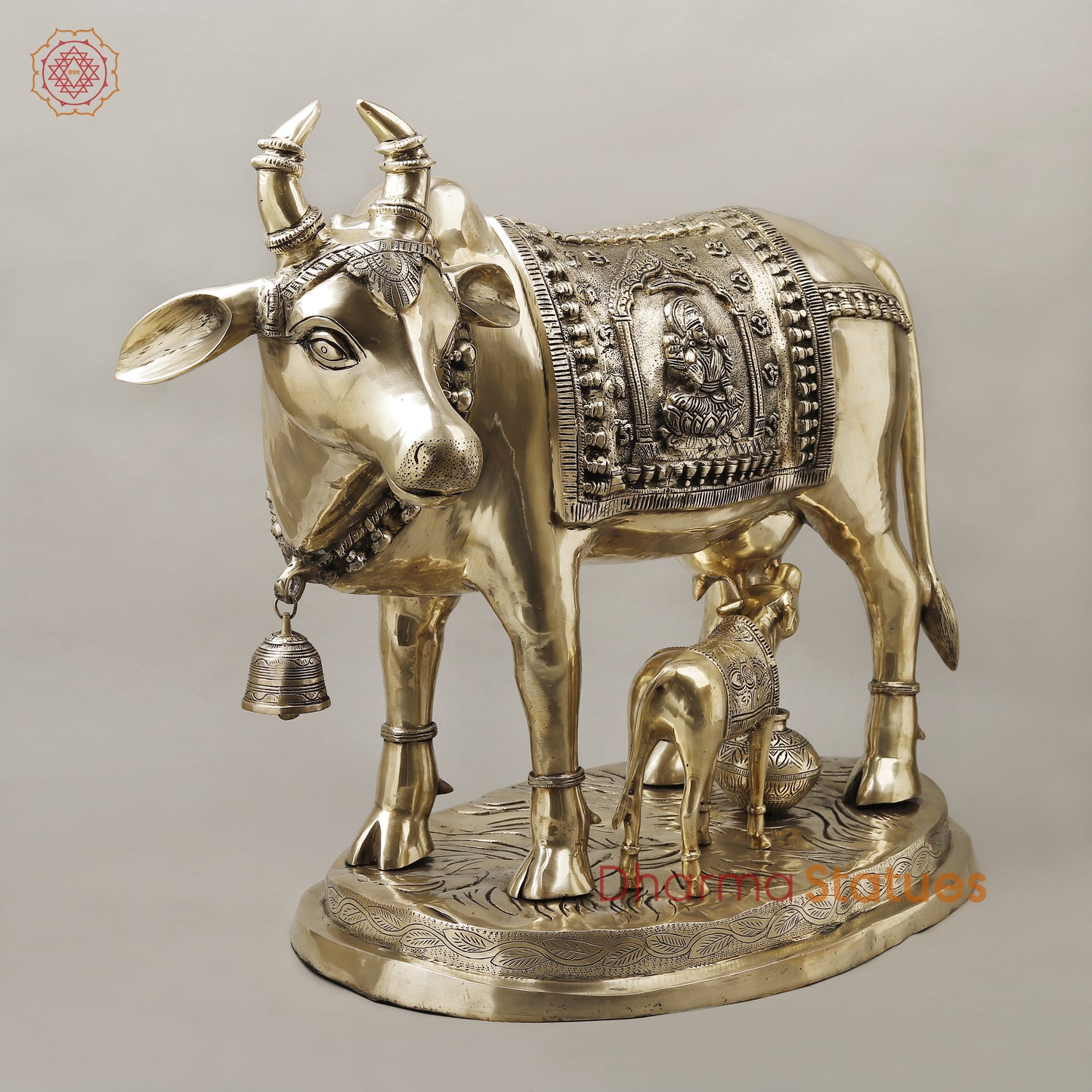 Brass Cow With Calf (Kamdhenu), Smooth Finish, 26"