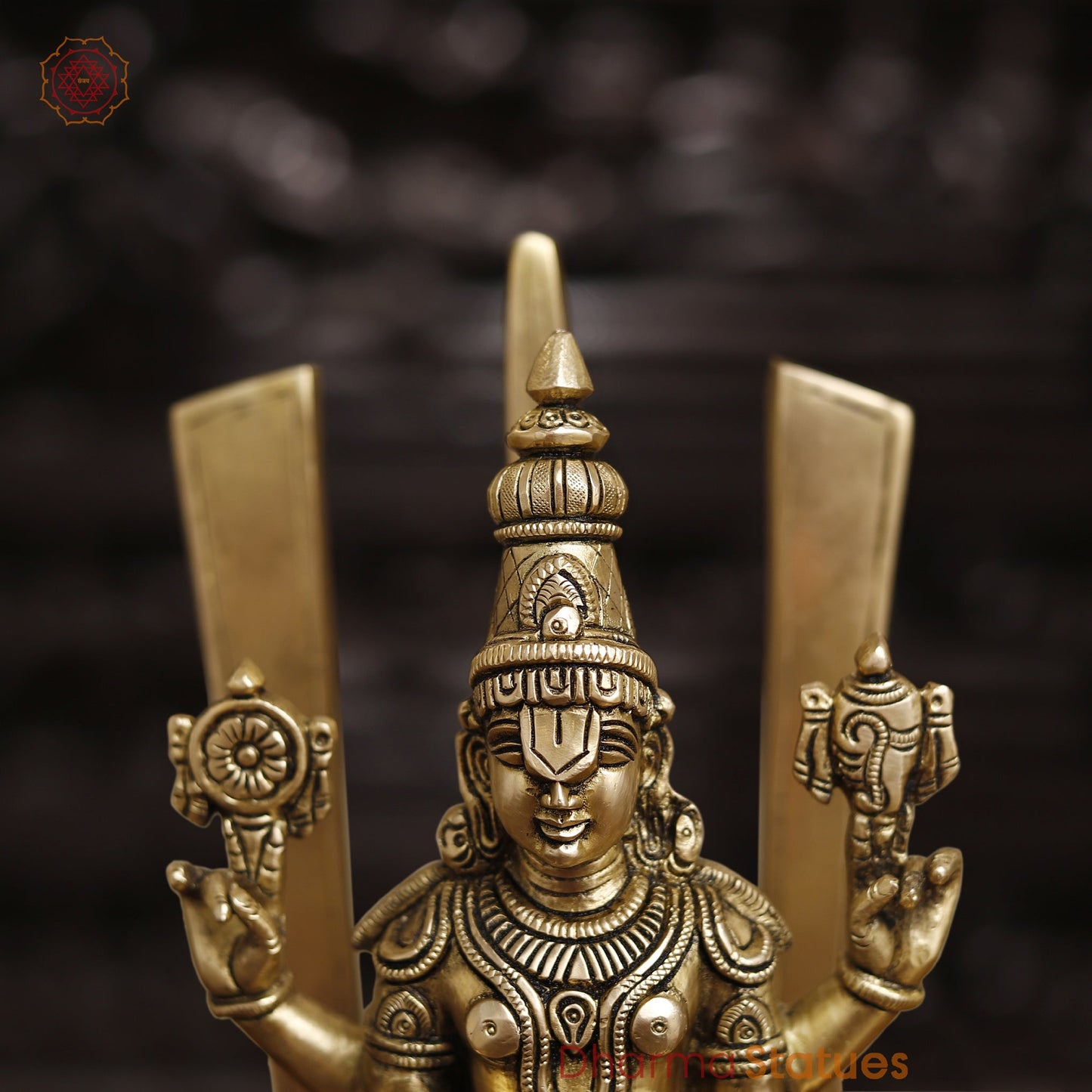 Brass Balaji with Shankh, Chakra & Tilak, Golden Finish 14"