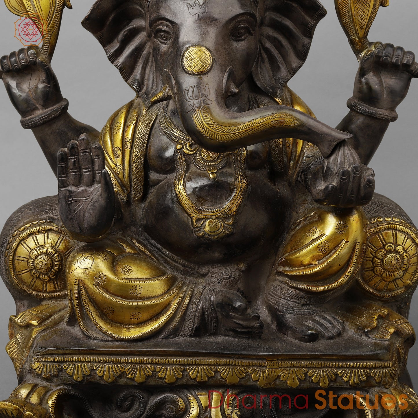 Brass Ganesh Seated in Blessing Posture, Antique & Golden Finish, 18.5"