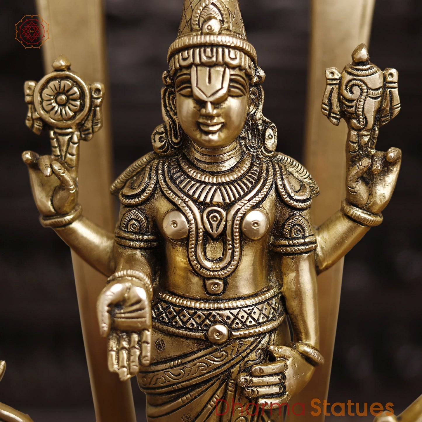 Brass Balaji with Shankh, Chakra & Tilak, Golden Finish 14"