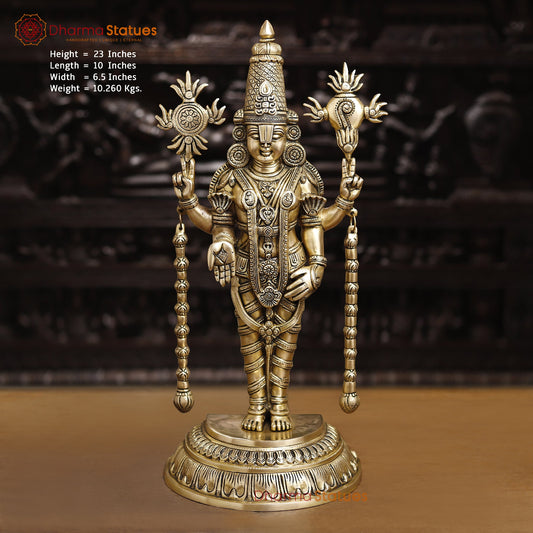 Brass Tirupati Balaji Idol, Standing With Chakra & Conch , Smooth Gold Finish 23"