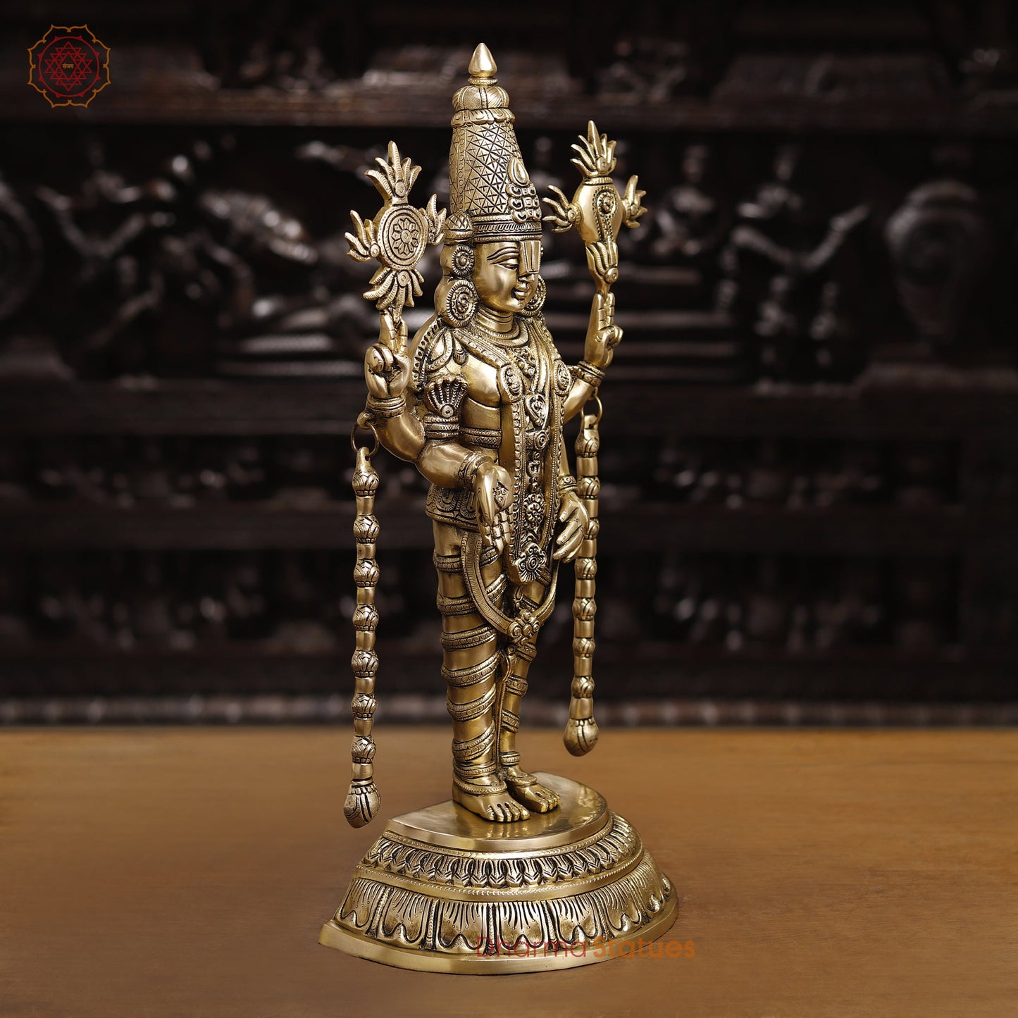 Brass Tirupati Balaji Idol, Standing With Chakra & Conch , Smooth Gold Finish 23"