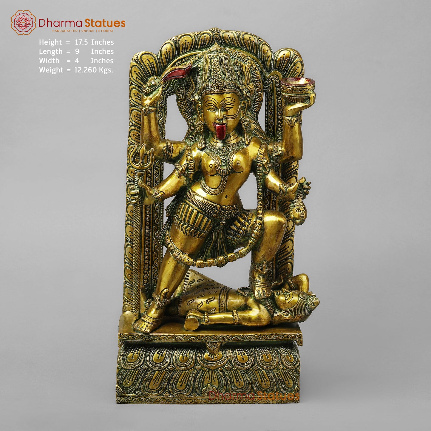 Brass Kali with Frame, Golden With Green Finish, 17.5"