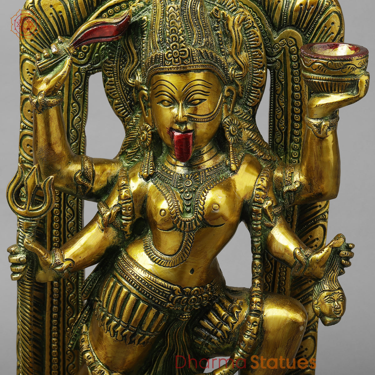 Brass Kali with Frame, Golden With Green Finish, 17.5"