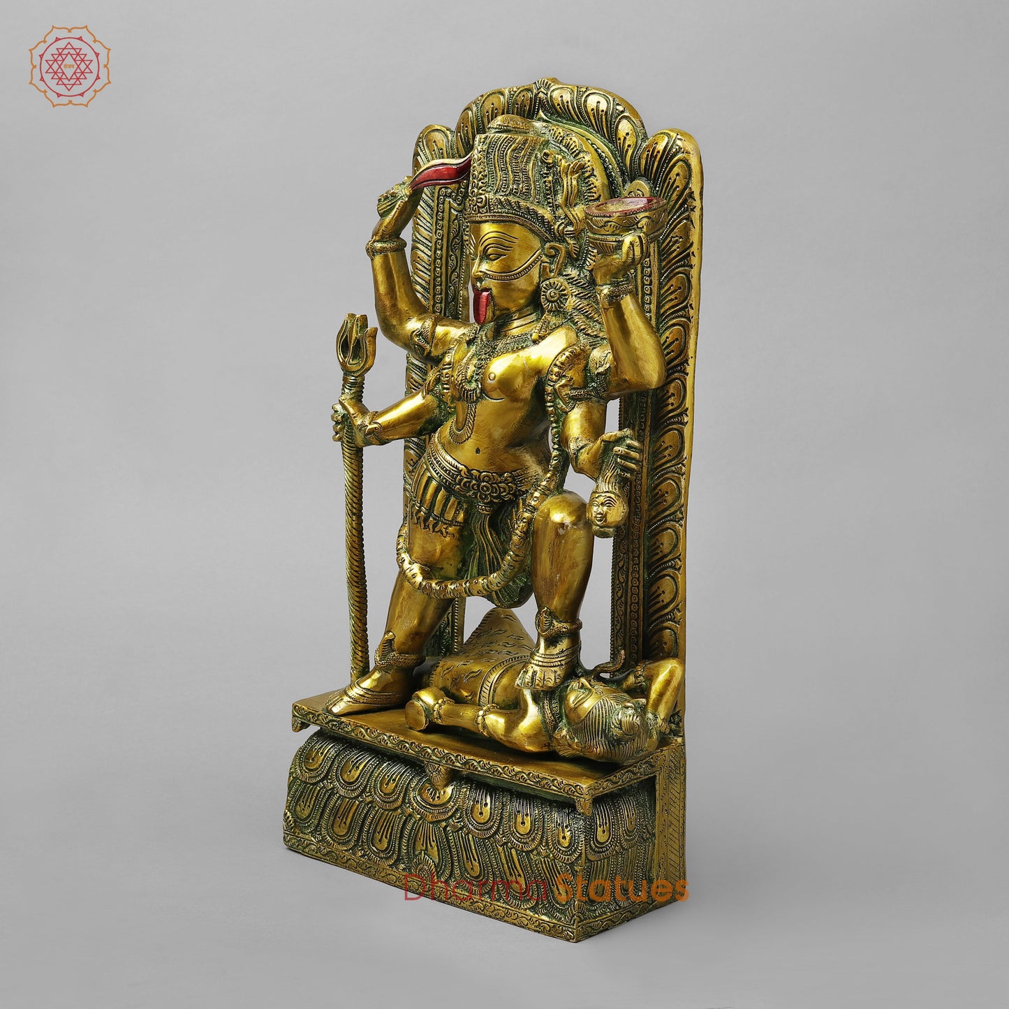 Brass Kali with Frame, Golden With Green Finish, 17.5"