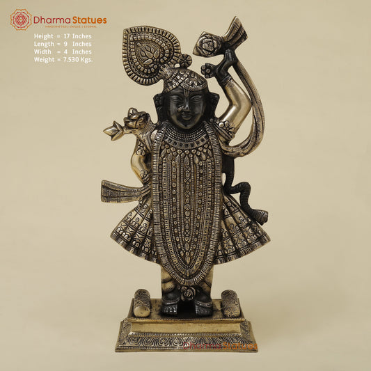Brass Krishna as Shrinath Ji, Black & Gold Finish, 17"