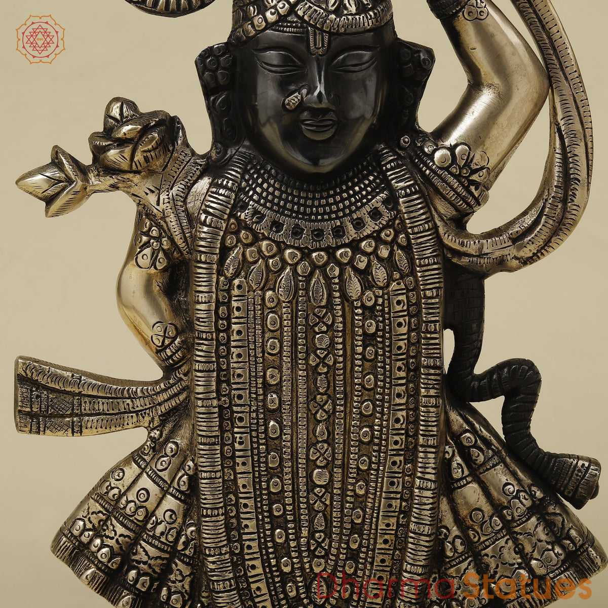 Brass Krishna as Shrinath Ji, Black & Gold Finish, 17"