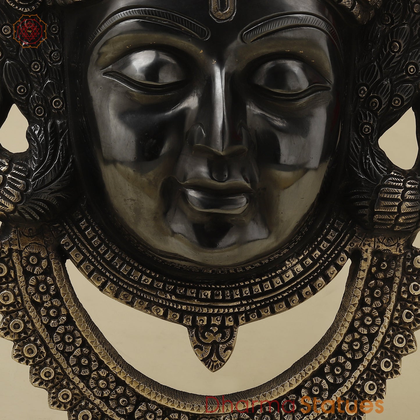 Brass Shrinath Wall Hanging Face, Black Patina with Golden Finish, 17.5"