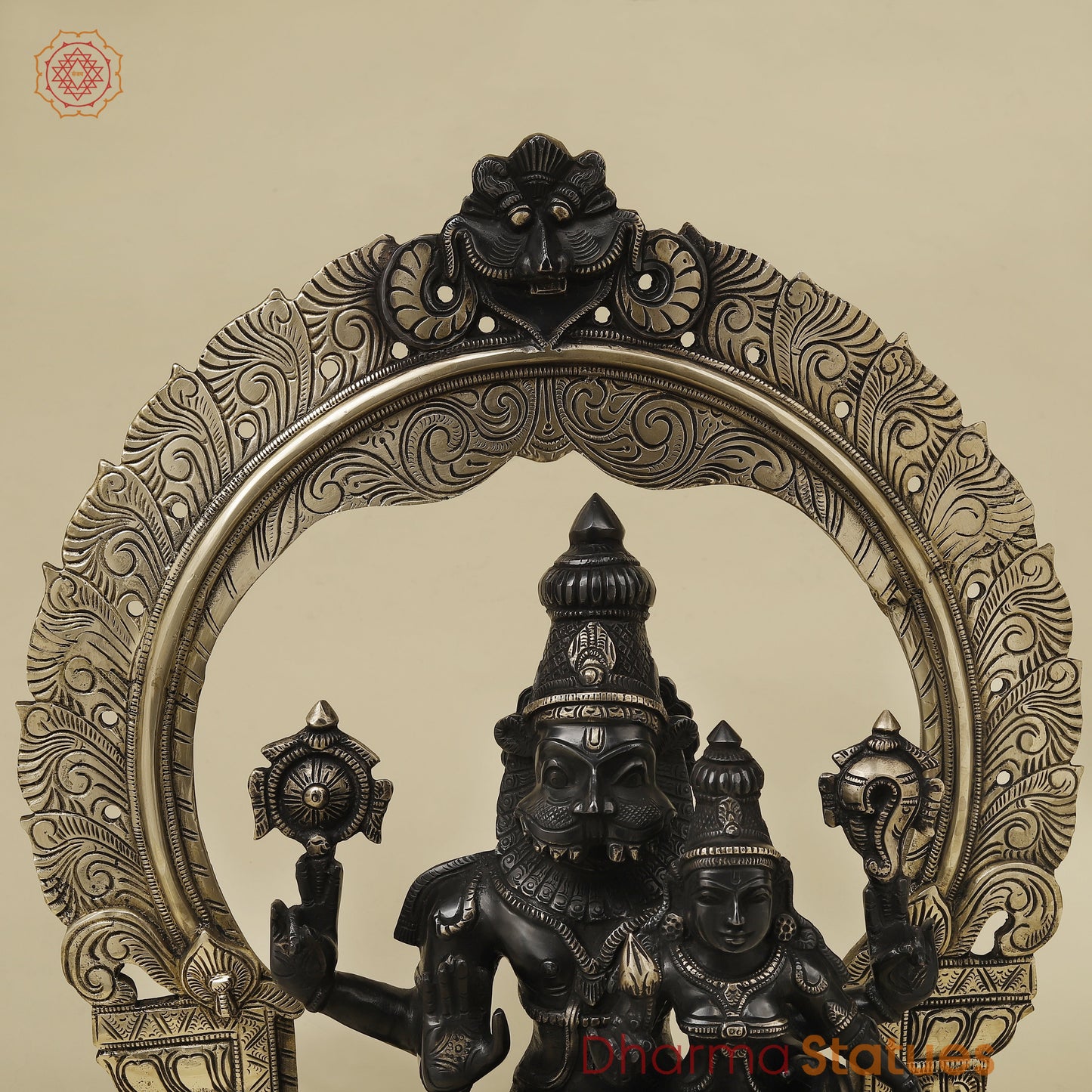 Brass Narasimha Idol with Lakshmi, Black Patina & Golden Finish, 20"