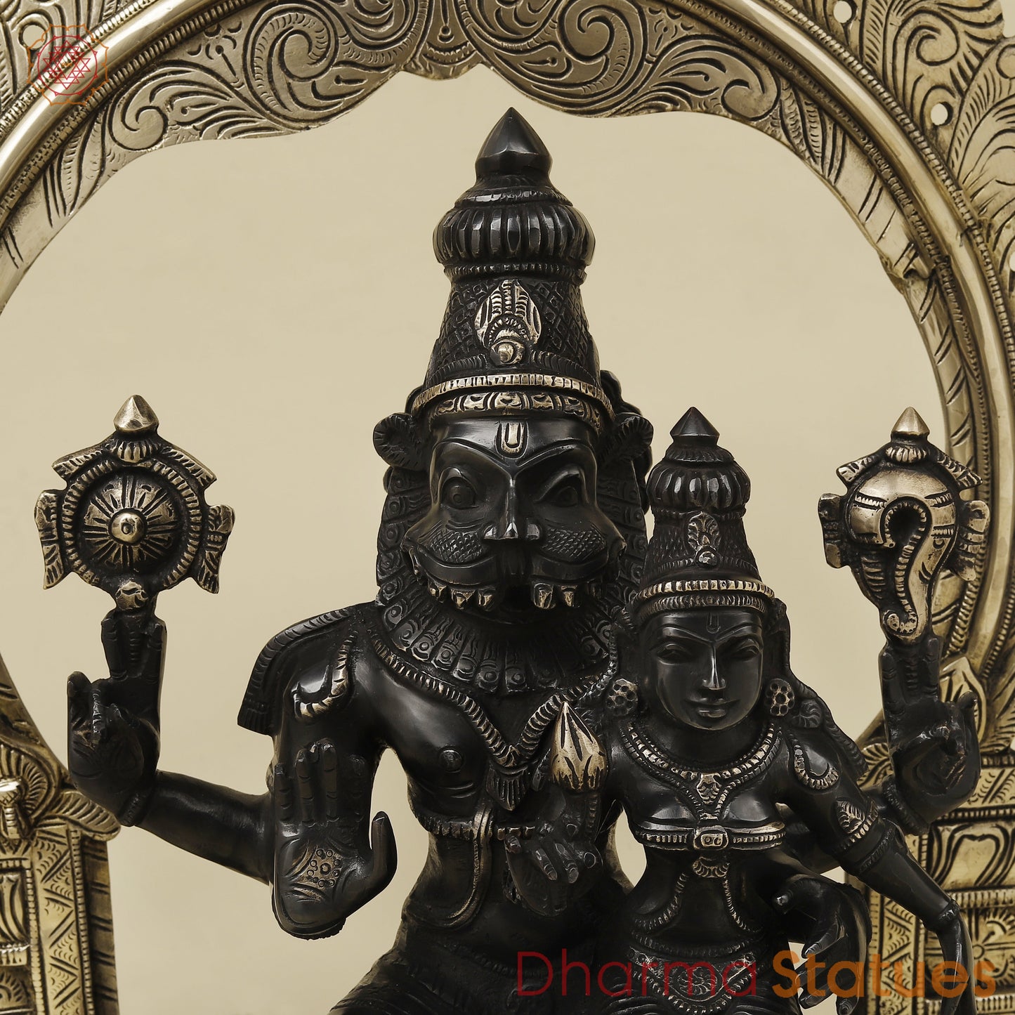 Brass Narasimha Idol with Lakshmi, Black Patina & Golden Finish, 20"