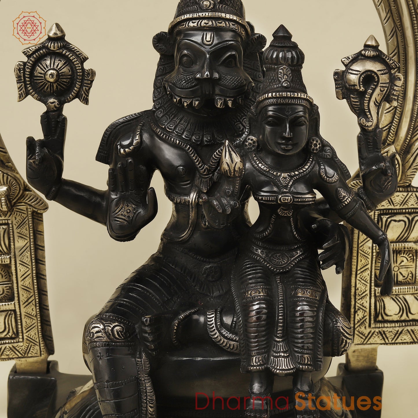 Brass Narasimha Idol with Lakshmi, Black Patina & Golden Finish, 20"