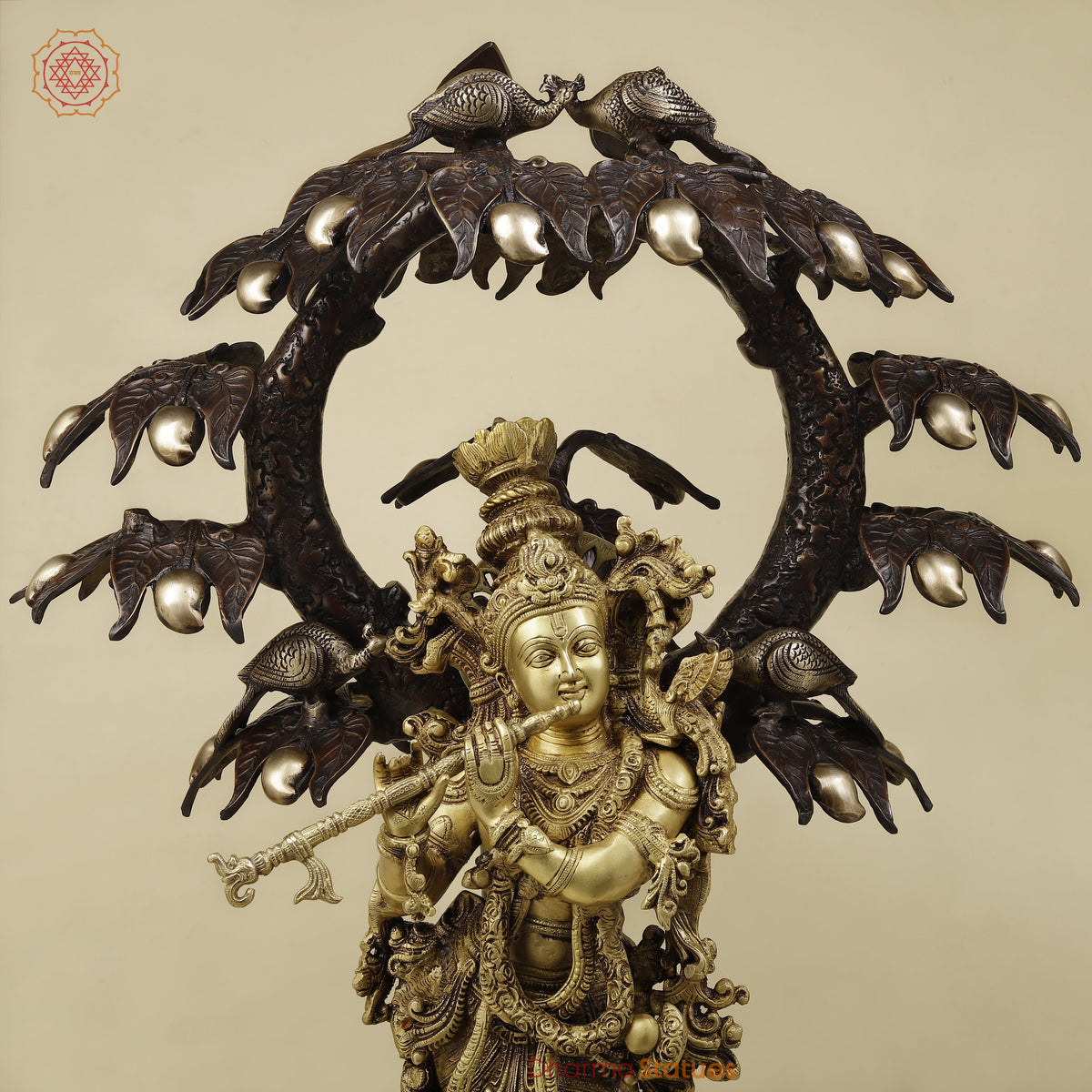 Brass Krishna Playing Flute under Tree, Copper & Golden Finish, 36"