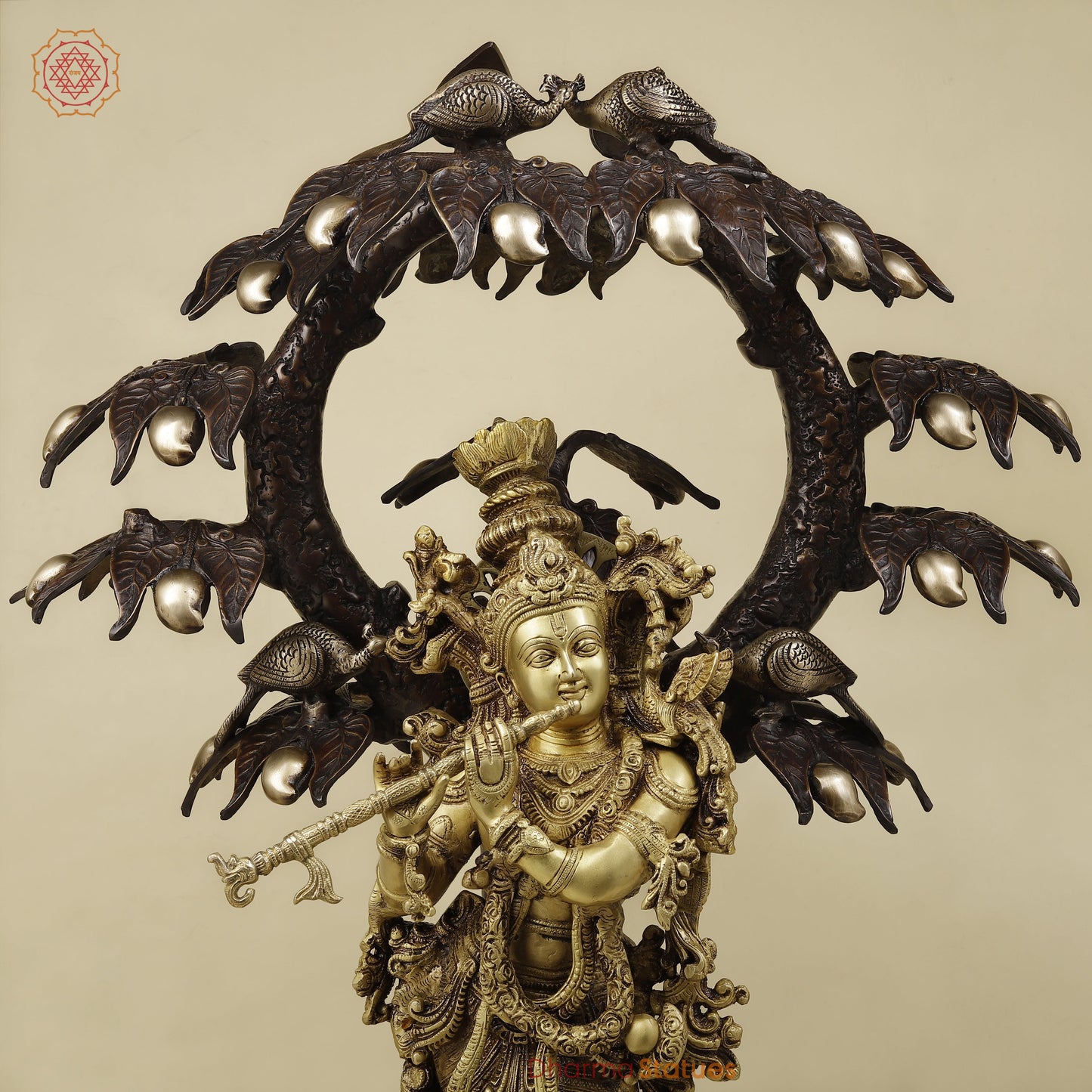 Brass Krishna Playing Flute under Tree, Copper & Golden Finish, 36"