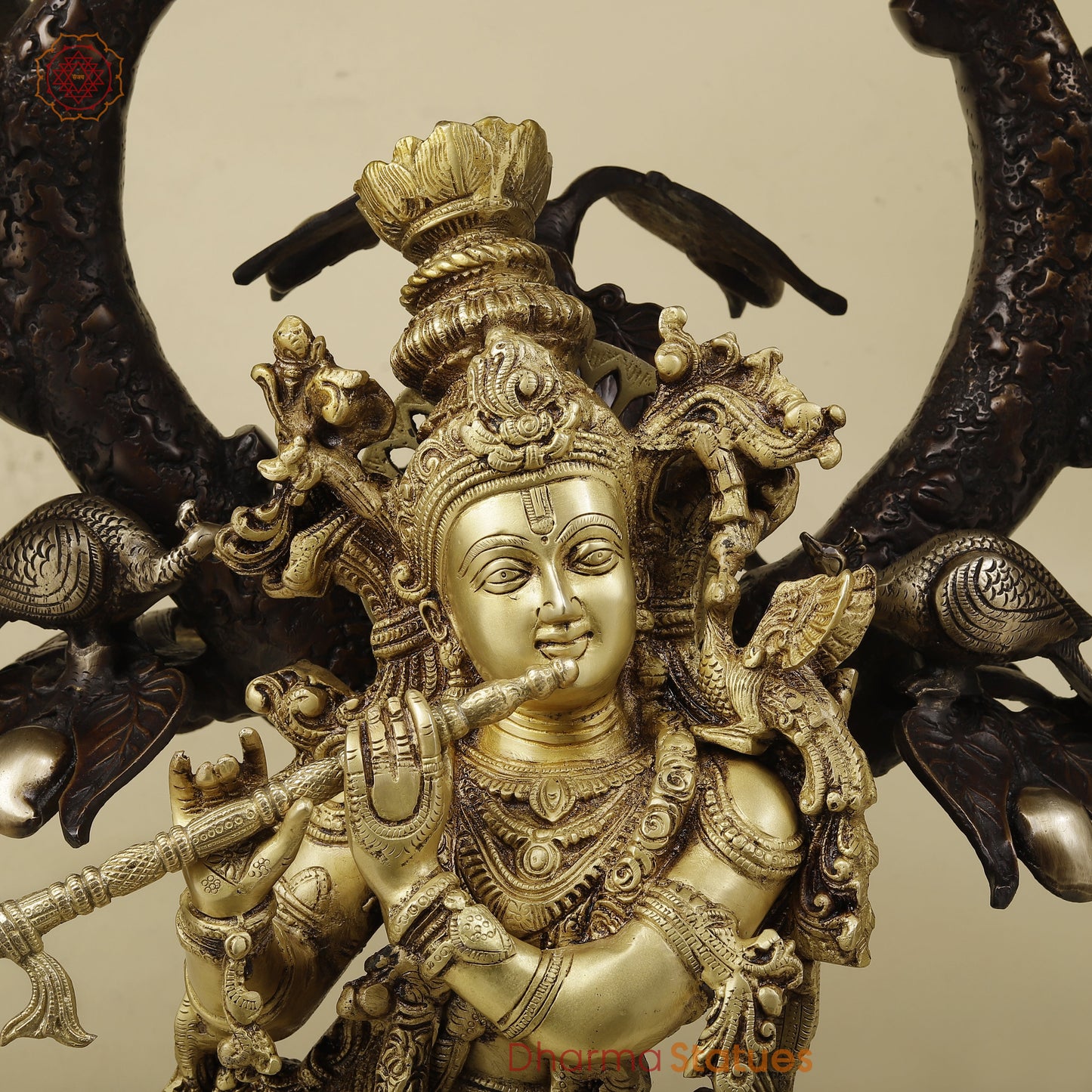 Brass Krishna Playing Flute under Tree, Copper & Golden Finish, 36"
