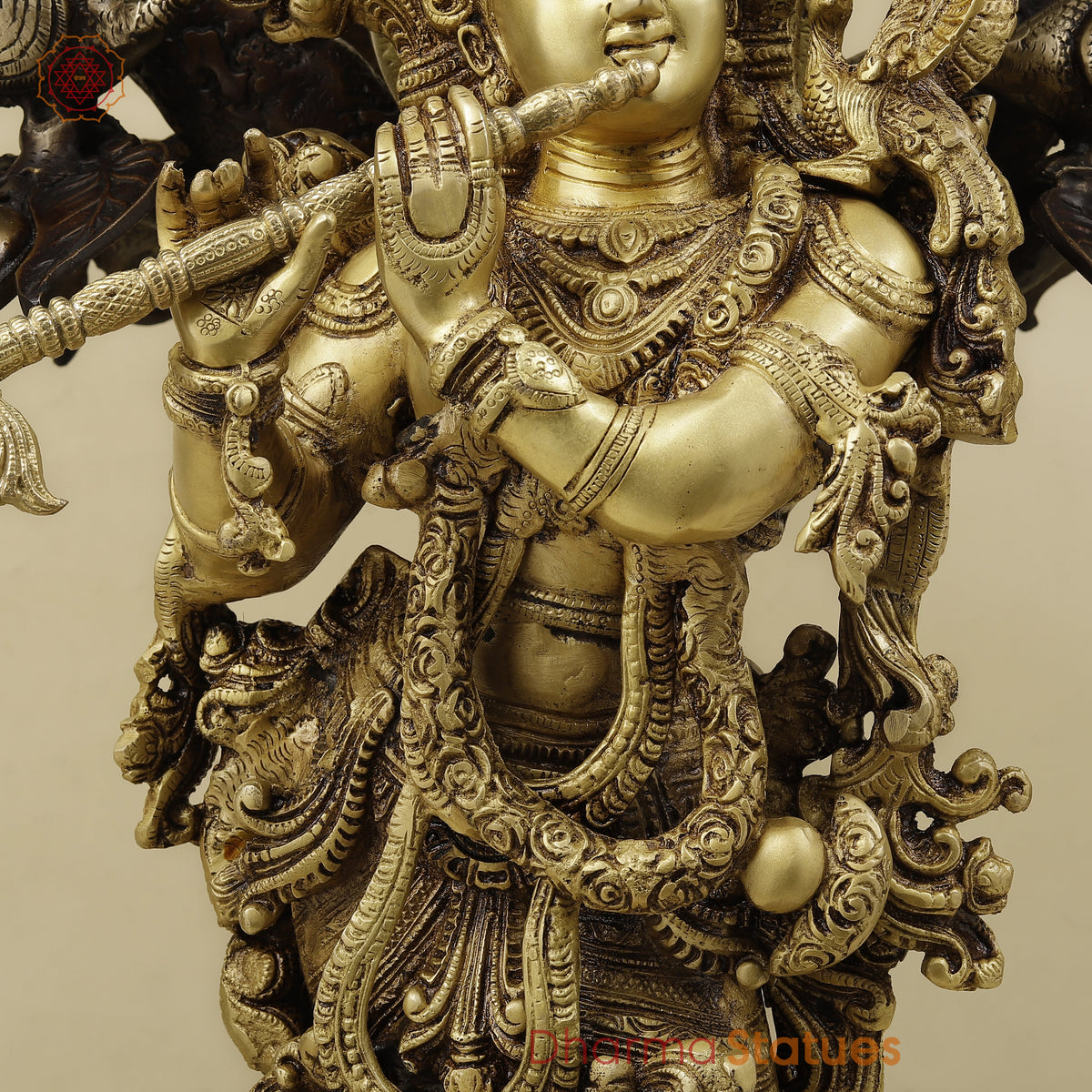 Brass Krishna Playing Flute under Tree, Copper & Golden Finish, 36"