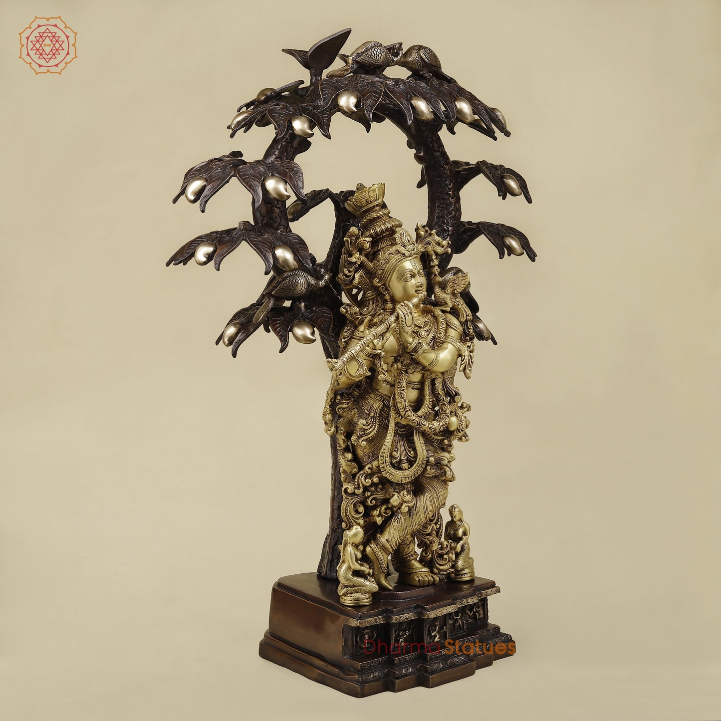 Brass Krishna Playing Flute under Tree, Copper & Golden Finish, 36"