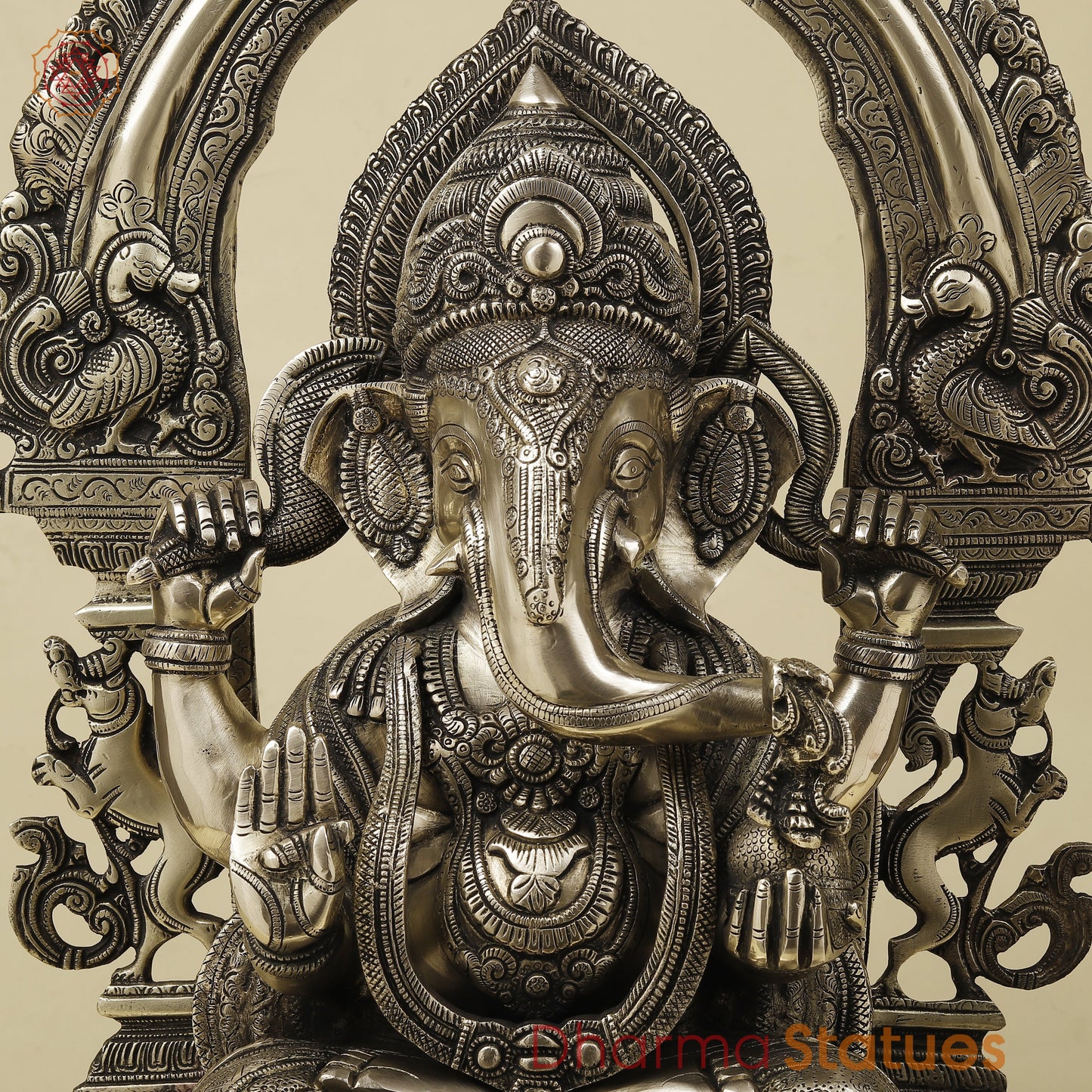 Brass Ganesh seated with Frame, Golden Finish, 29"