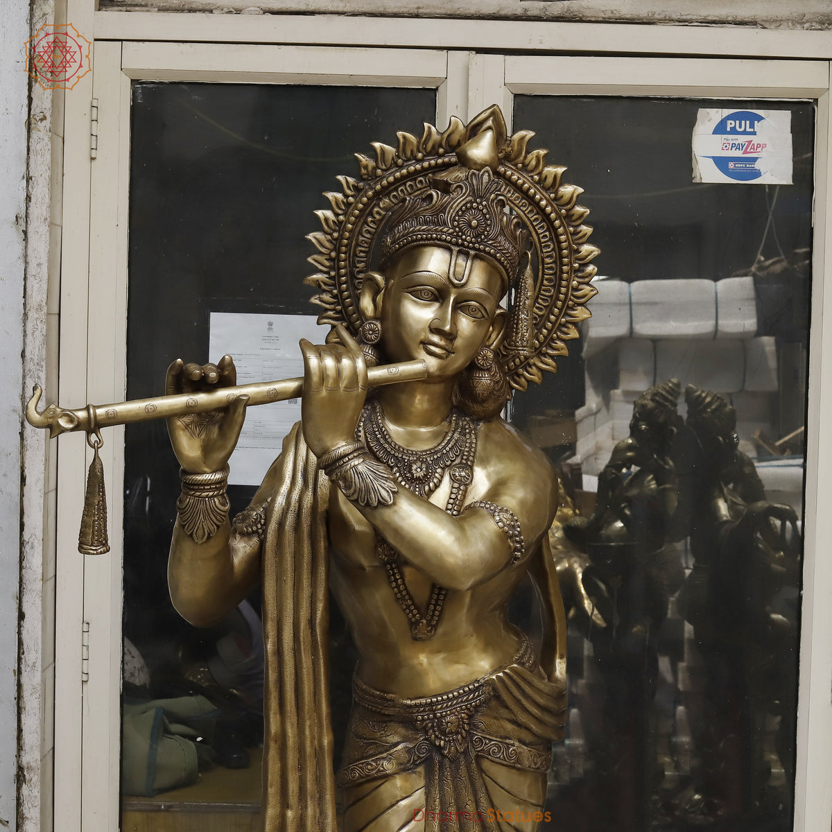 Brass Krishna Playing Flute, Golden Finish, 79"